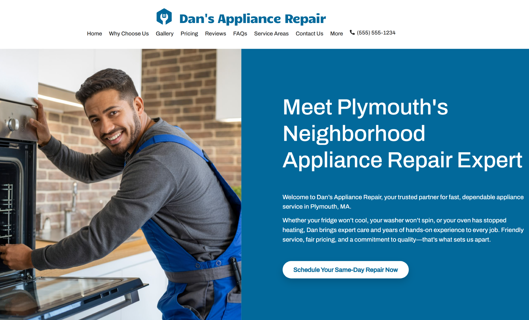 Dan’s Appliance Repair homepage hero image featuring Dan, a smiling technician in blue overalls working on an oven, beside the headline “Meet Plymouth’s Neighborhood Appliance Repair Expert” and a call-to-action button that says “Schedule Your Same-Day Repair Now.”