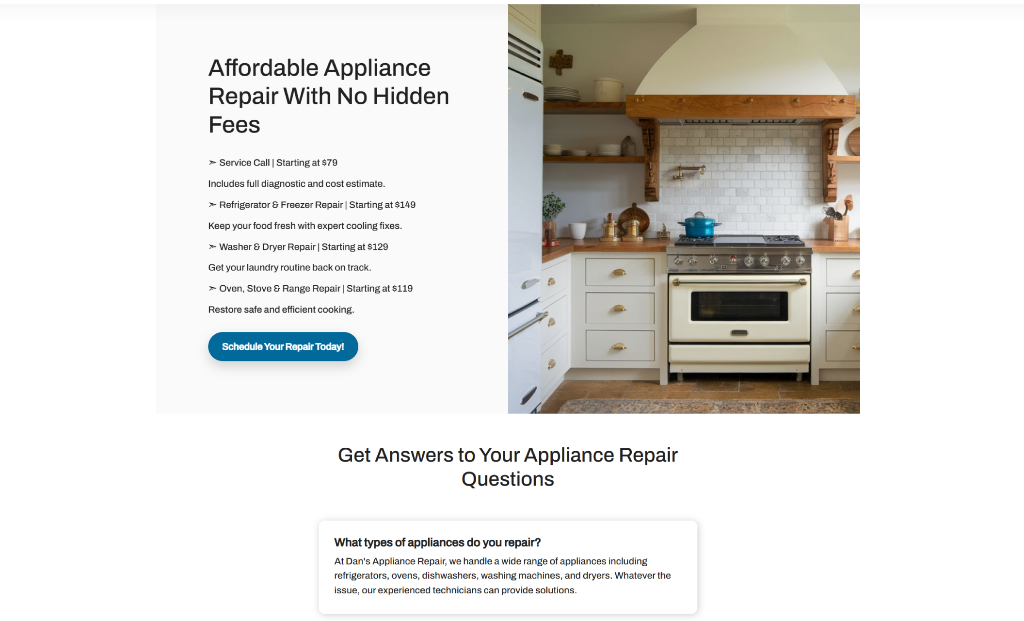 Dan’s Appliance Repair webpage featuring a bright kitchen with a white stove and wooden countertops beside text that highlights affordable appliance repair pricing with no hidden fees and a blue button labeled “Schedule Your Repair Today.”