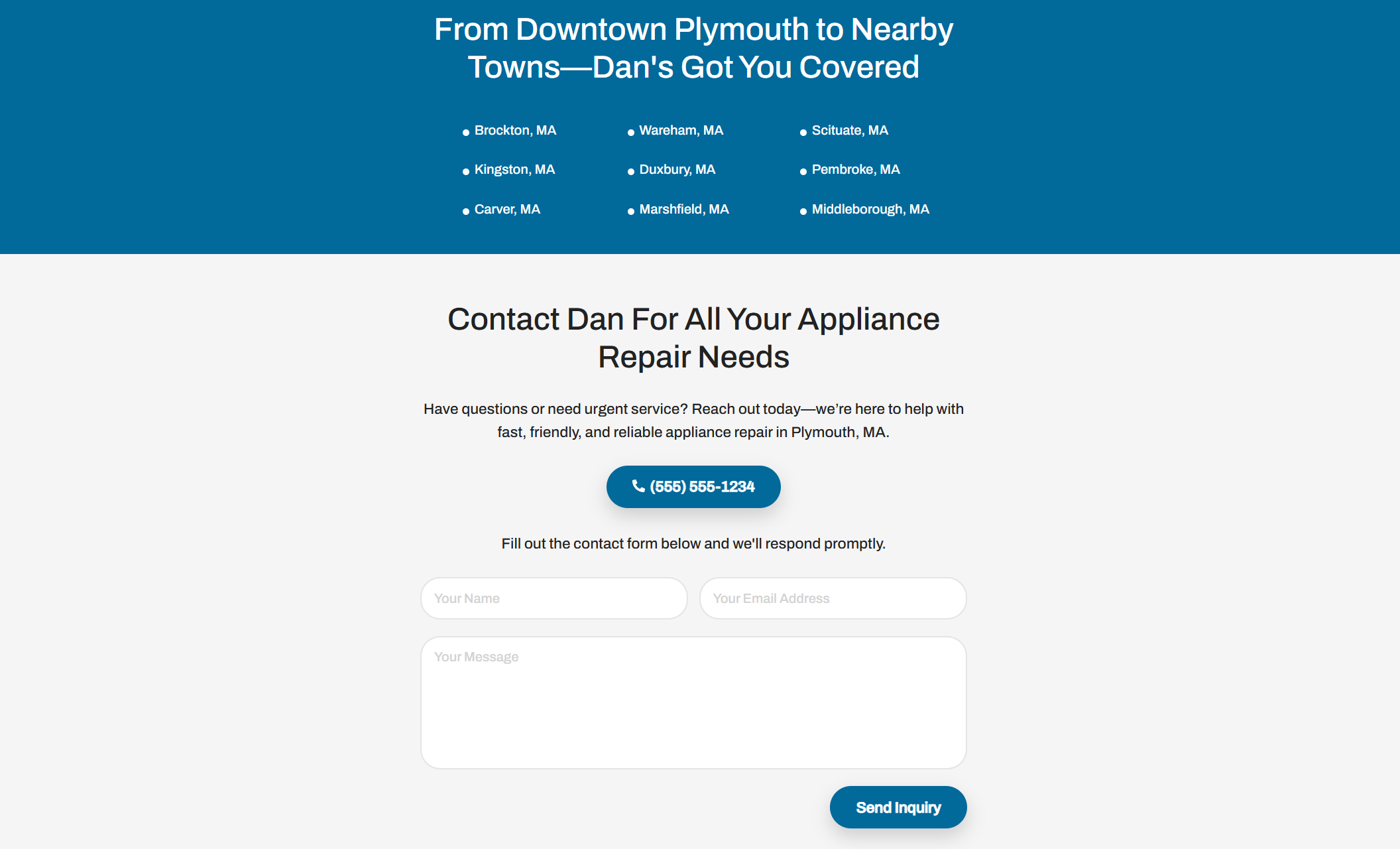 Dan’s Appliance Repair website section with a blue background listing Massachusetts service areas such as Brockton, Kingston, and Scituate, followed by a white contact form with a bold headline “Contact Dan For All Your Appliance Repair Needs.”