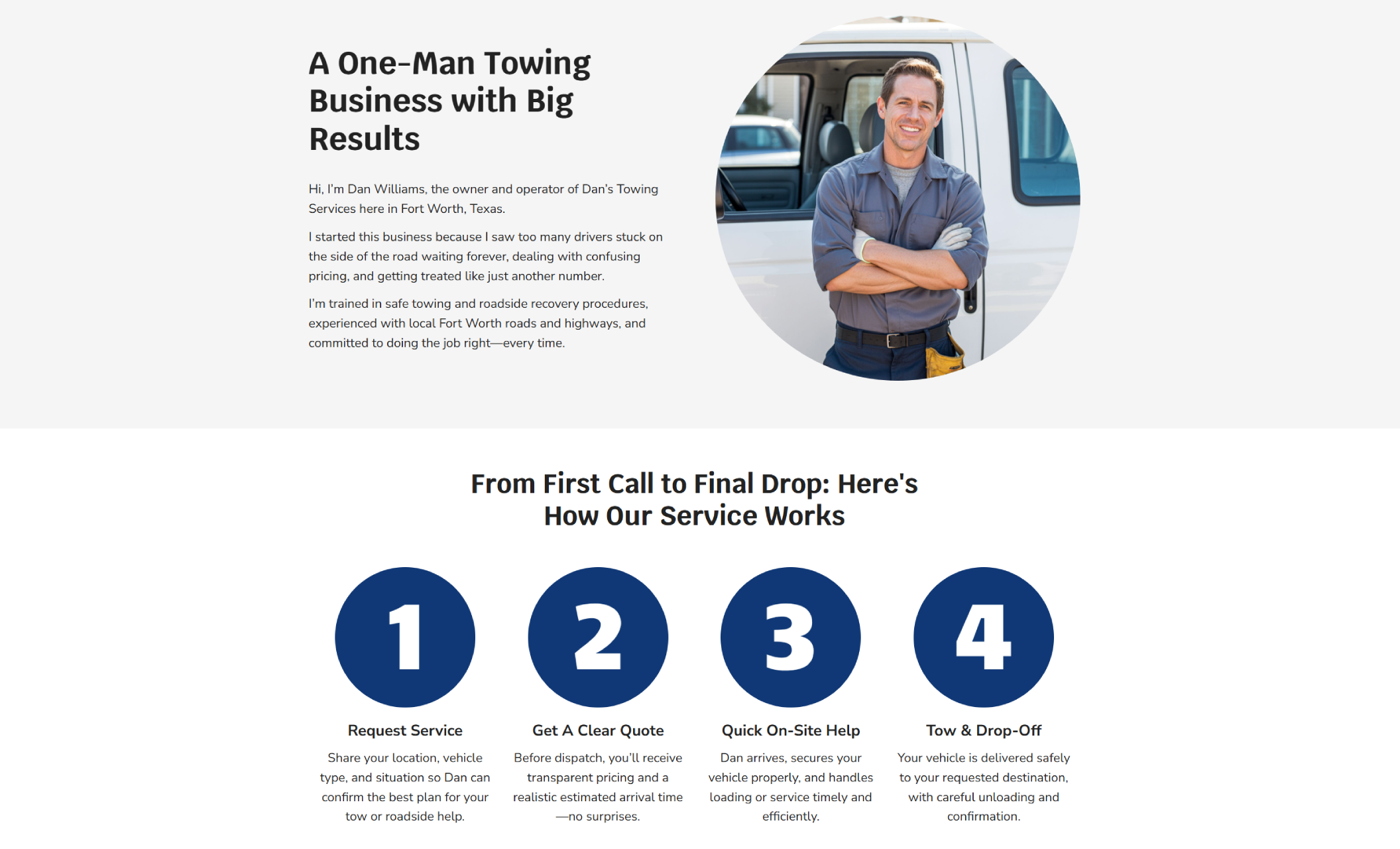 Dan’s Towing Services about section featuring the headline “A One-Man Towing Business with Big Results,” a circular photo of the owner standing with arms crossed in front of a work van, and a process row titled “From First Call to Final Drop: Here’s How Our Service Works” with four numbered steps