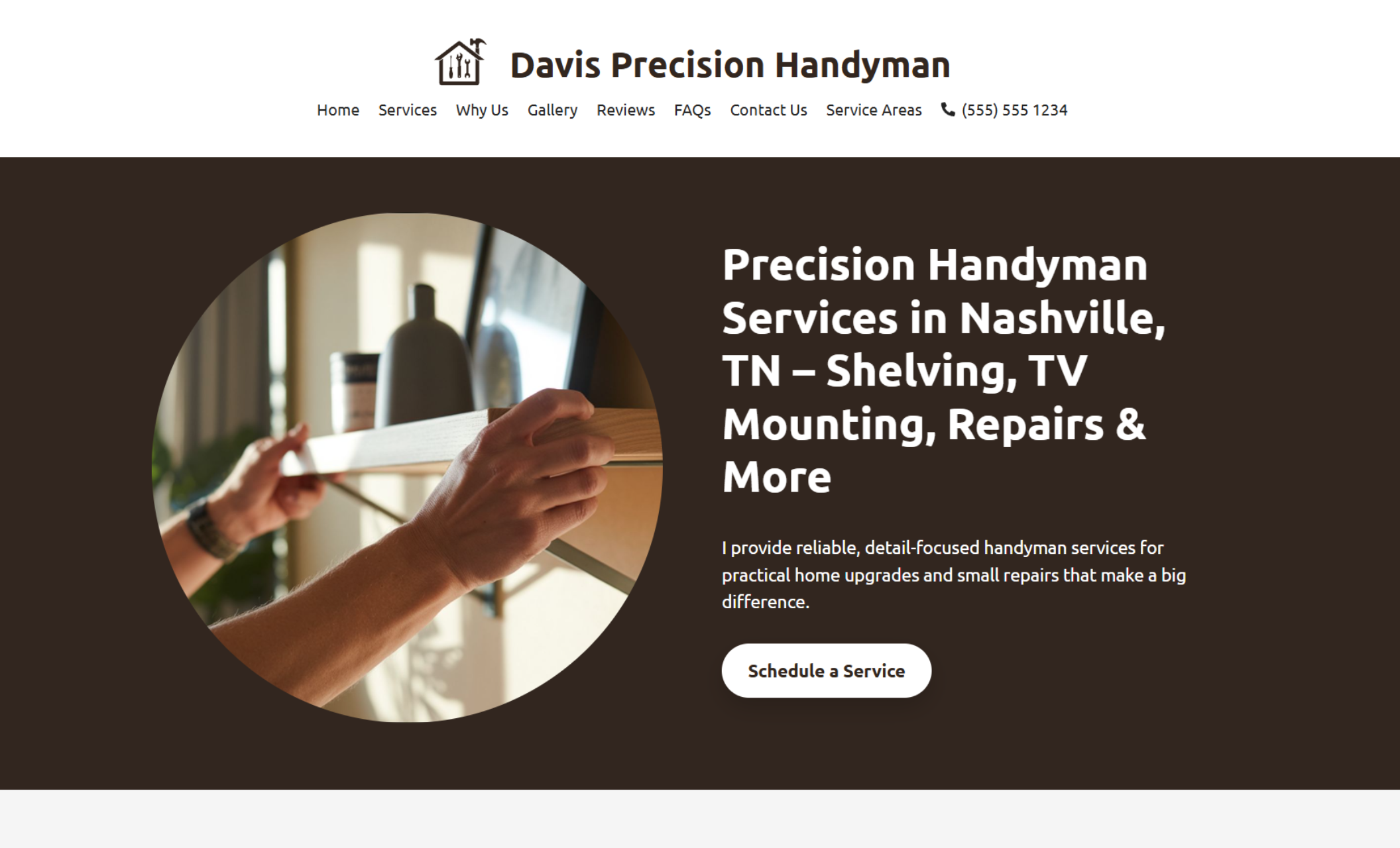 Davis Precision Handyman homepage highlighting the headline “Precision Handyman Services in Nashville, TN – Shelving, TV Mounting, Repairs & More,” alongside a circular image of hands installing a floating shelf and a “Schedule a Service” button
