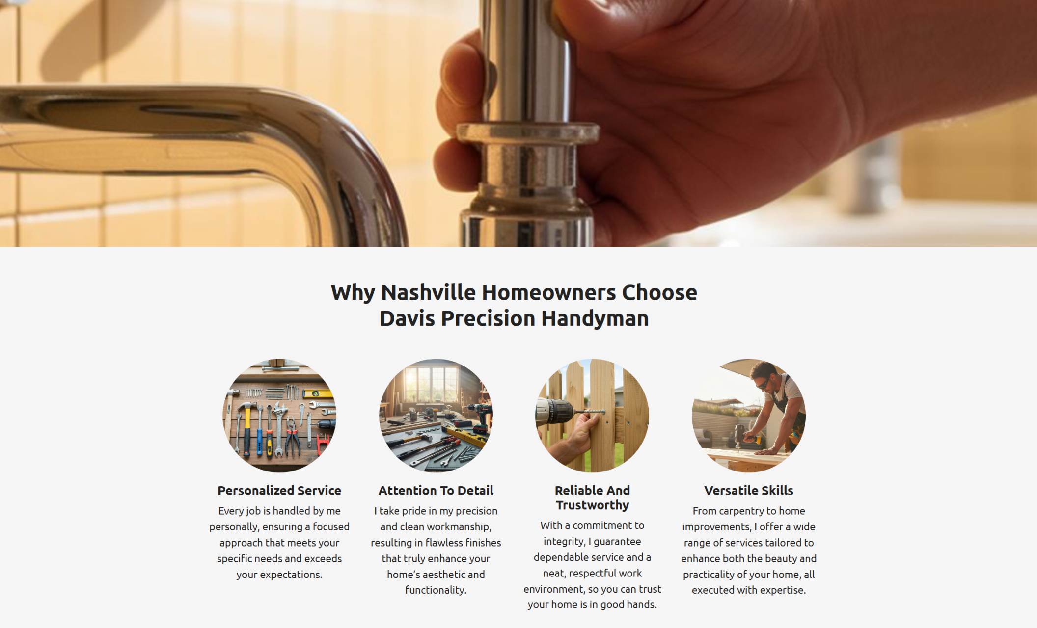 Davis Precision Handyman “Why Nashville Homeowners Choose Davis Precision Handyman” section with circular images and captions emphasizing personalized service, attention to detail, reliability, and versatile skills