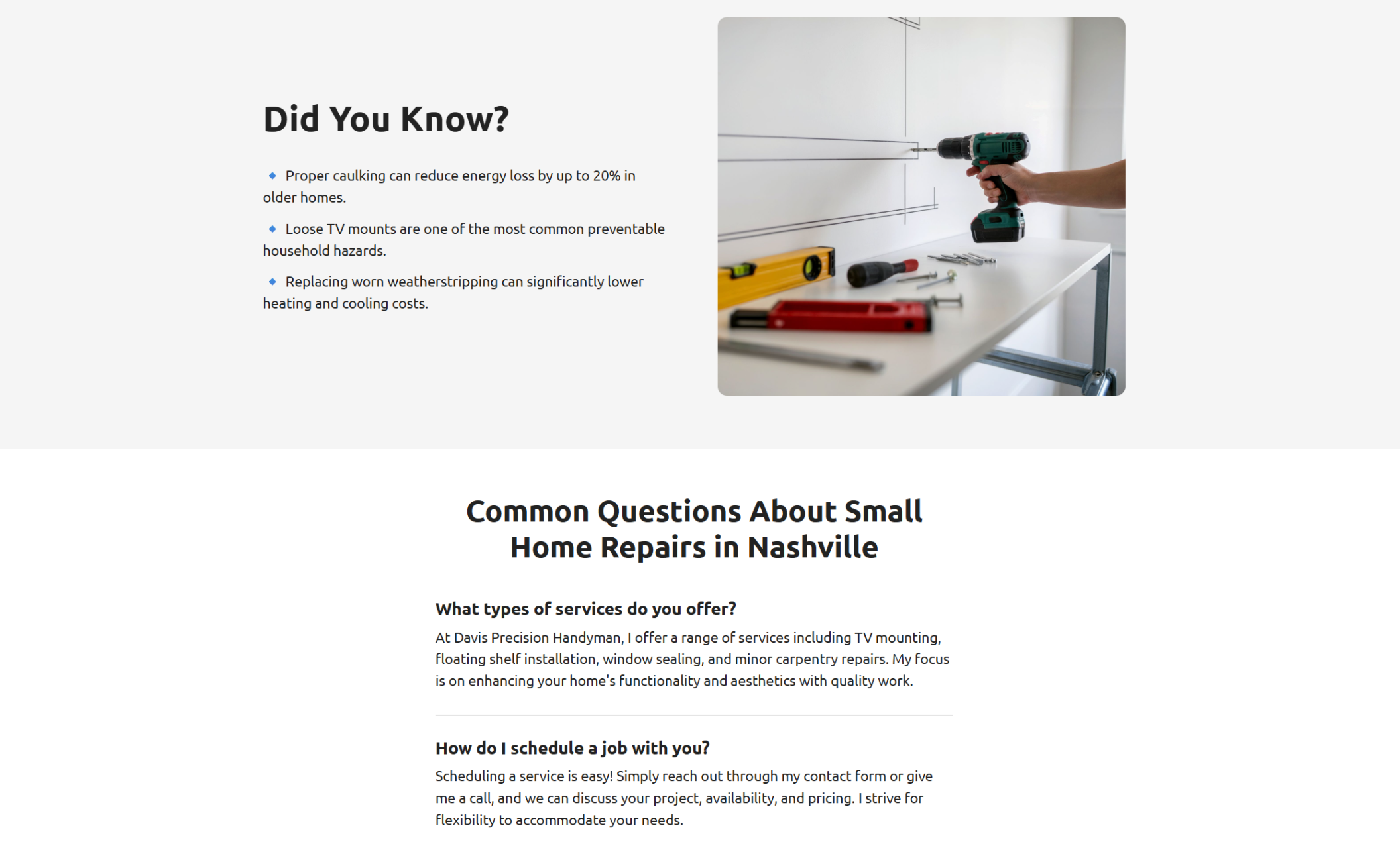 Davis Precision Handyman informational section featuring a “Did You Know?” list about caulking and energy savings, plus a FAQ section titled “Common Questions About Small Home Repairs in Nashville.”