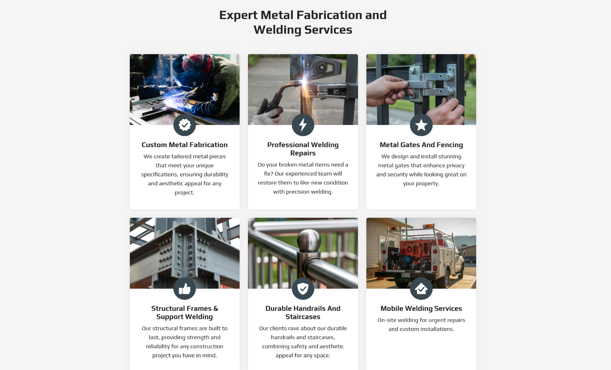 Davis Welding Studio services section titled “Expert Metal Fabrication and Welding Services,” featuring cards for fabrication, welding repairs, metal gates, structural welding, handrails, and mobile welding