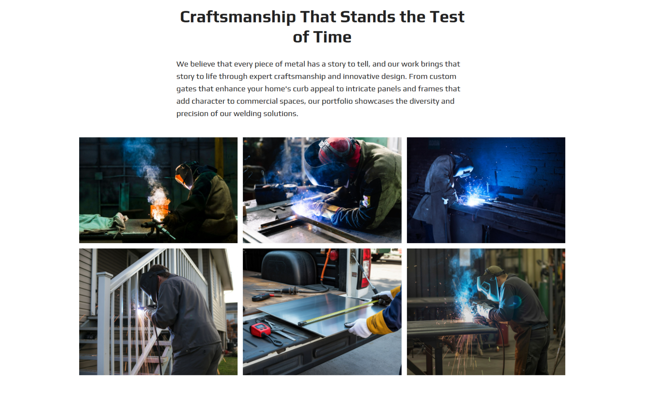 Davis Welding Studio portfolio section titled “Craftsmanship That Stands the Test of Time,” displaying a grid of welding project photos including railings, fabrication work, and metal construction