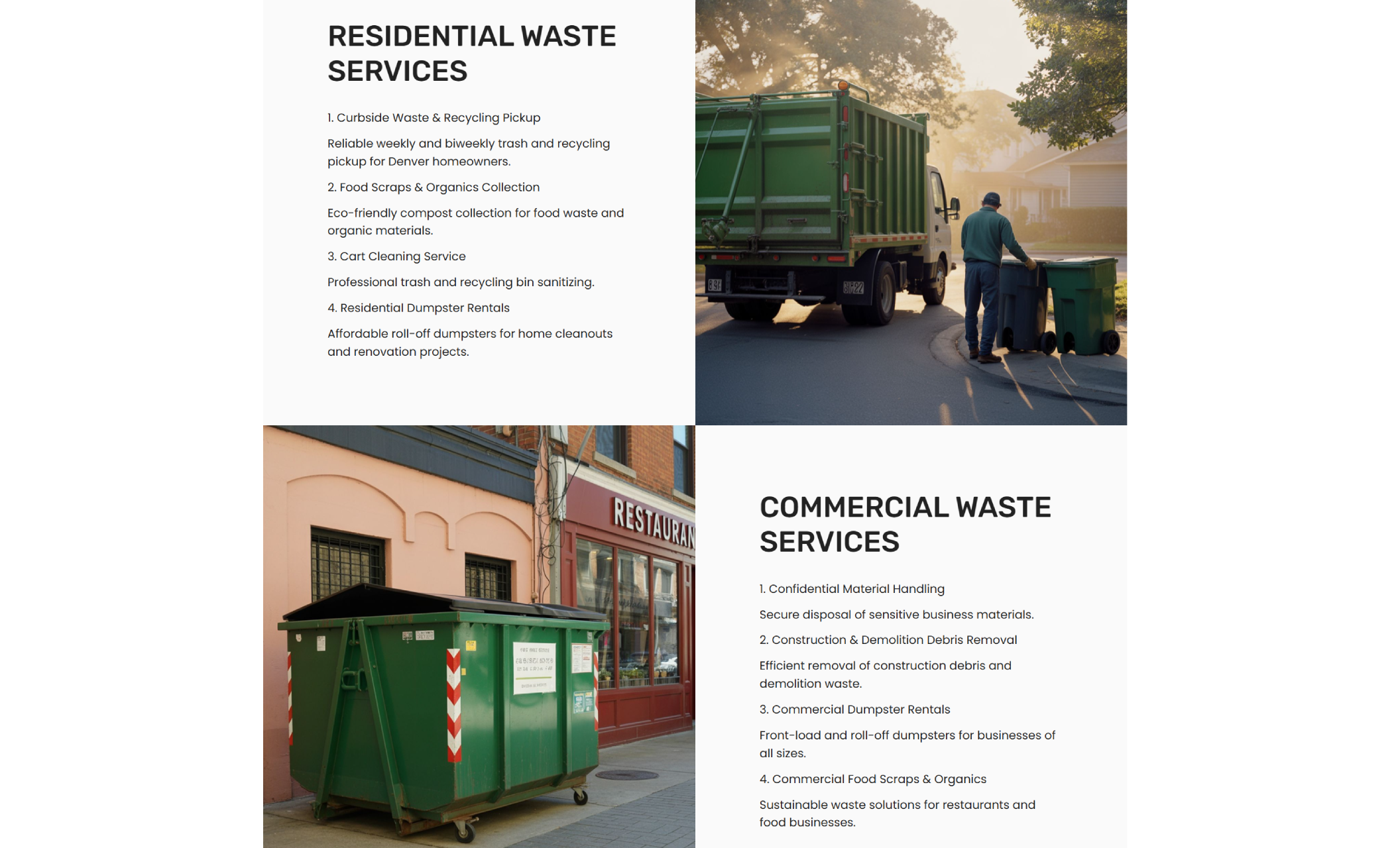 Dawson Waste Pros website section highlighting Residential Waste Services and Commercial Waste Services, showing a garbage truck collecting bins in a neighborhood and a large dumpster outside a storefront