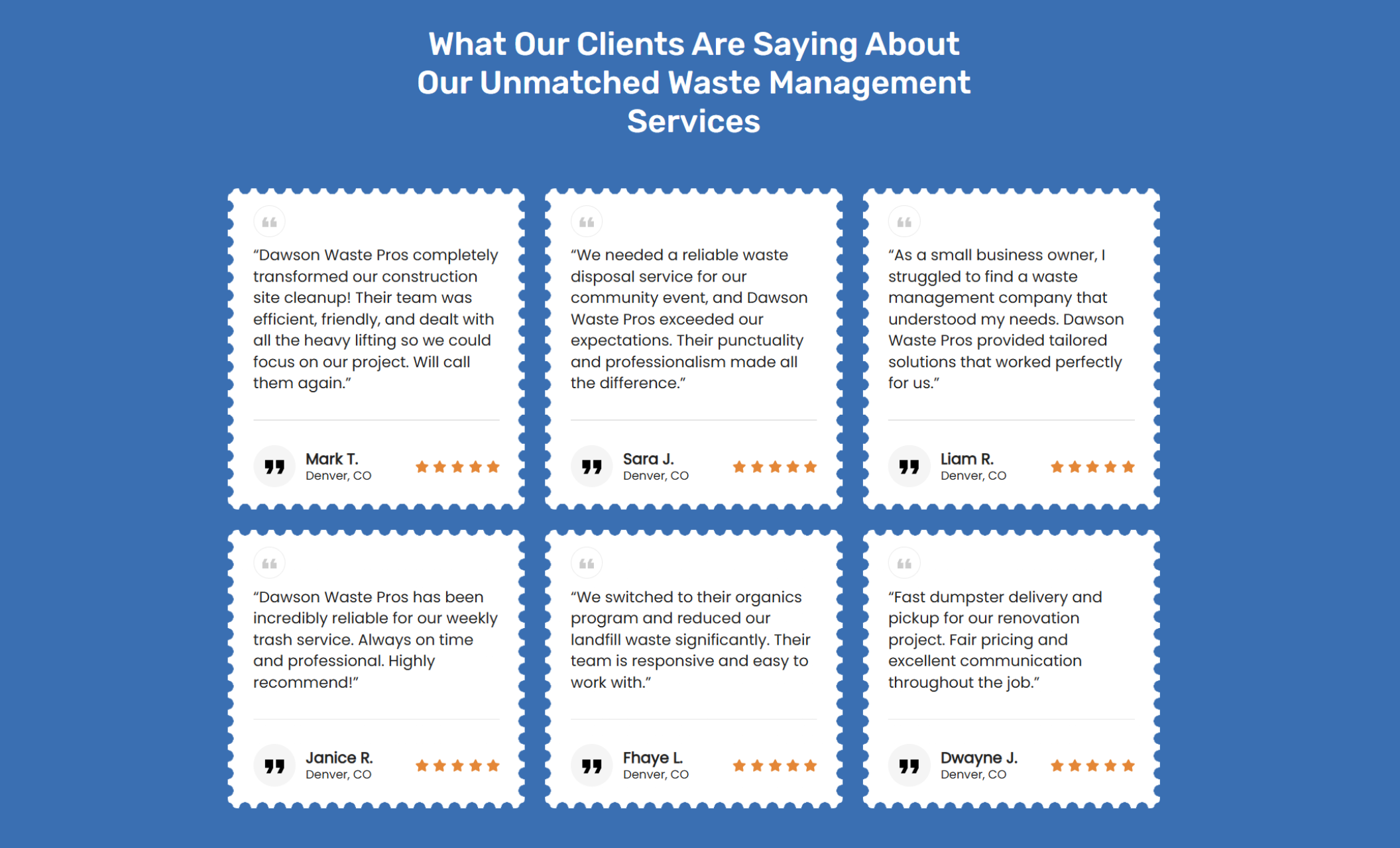 Dawson Waste Pros website section titled “What Our Clients Are Saying About Our Unmatched Waste Management Services,” displaying six customer testimonials with star ratings and reviewer names from Denver, CO