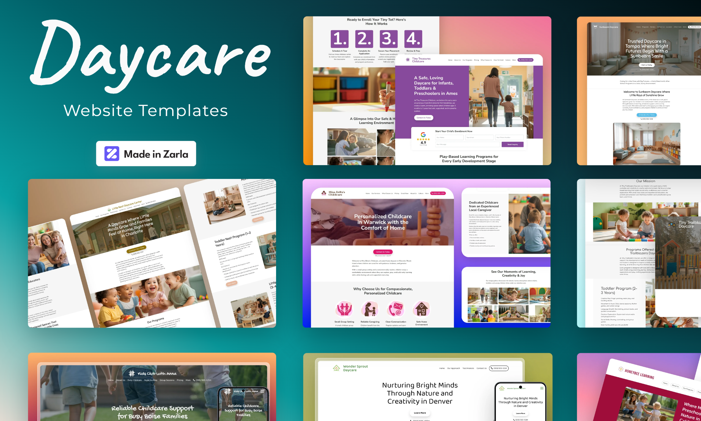 Collection of daycare website templates created with Zarla