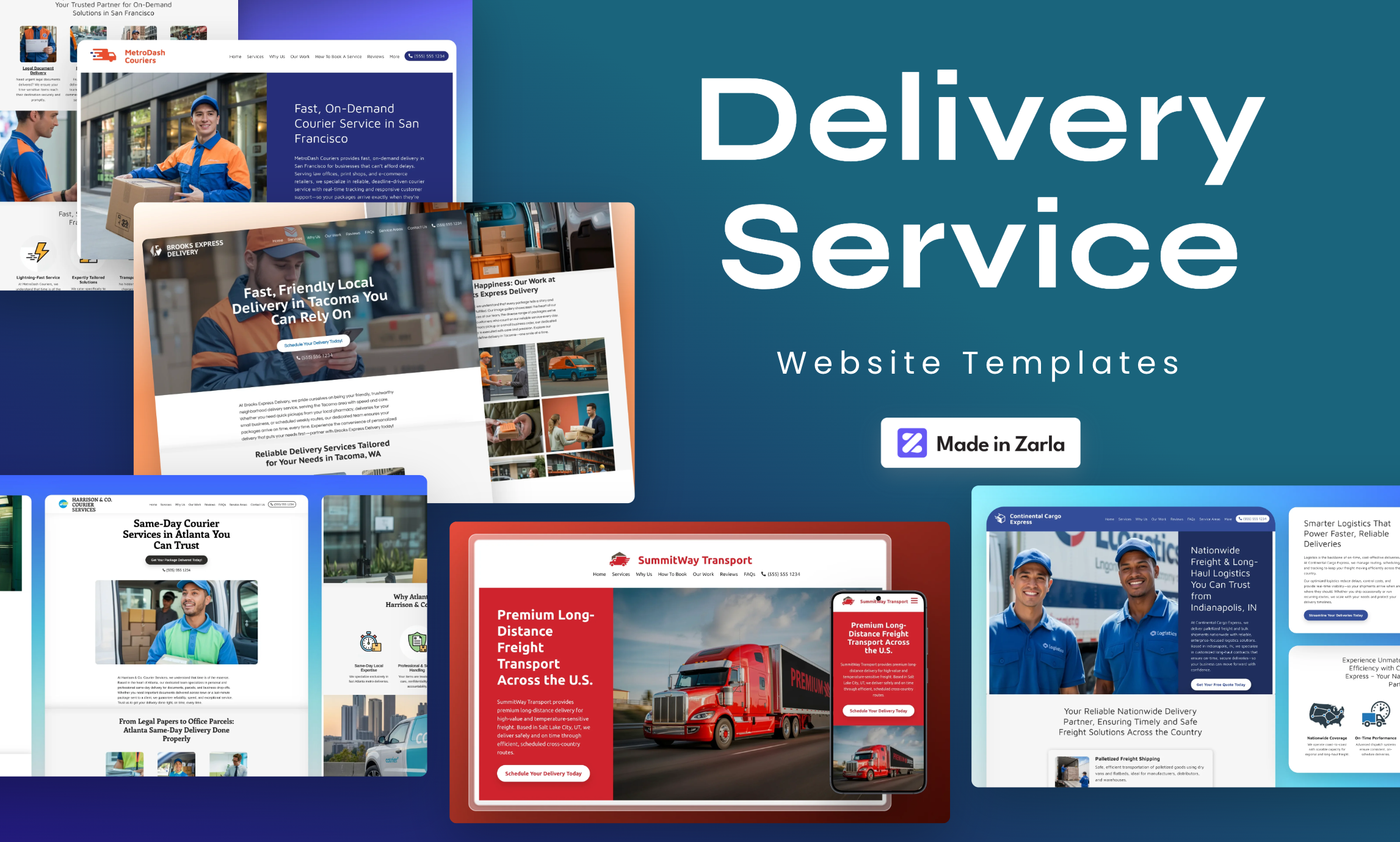 Collection of delivery service website templates created with Zarla