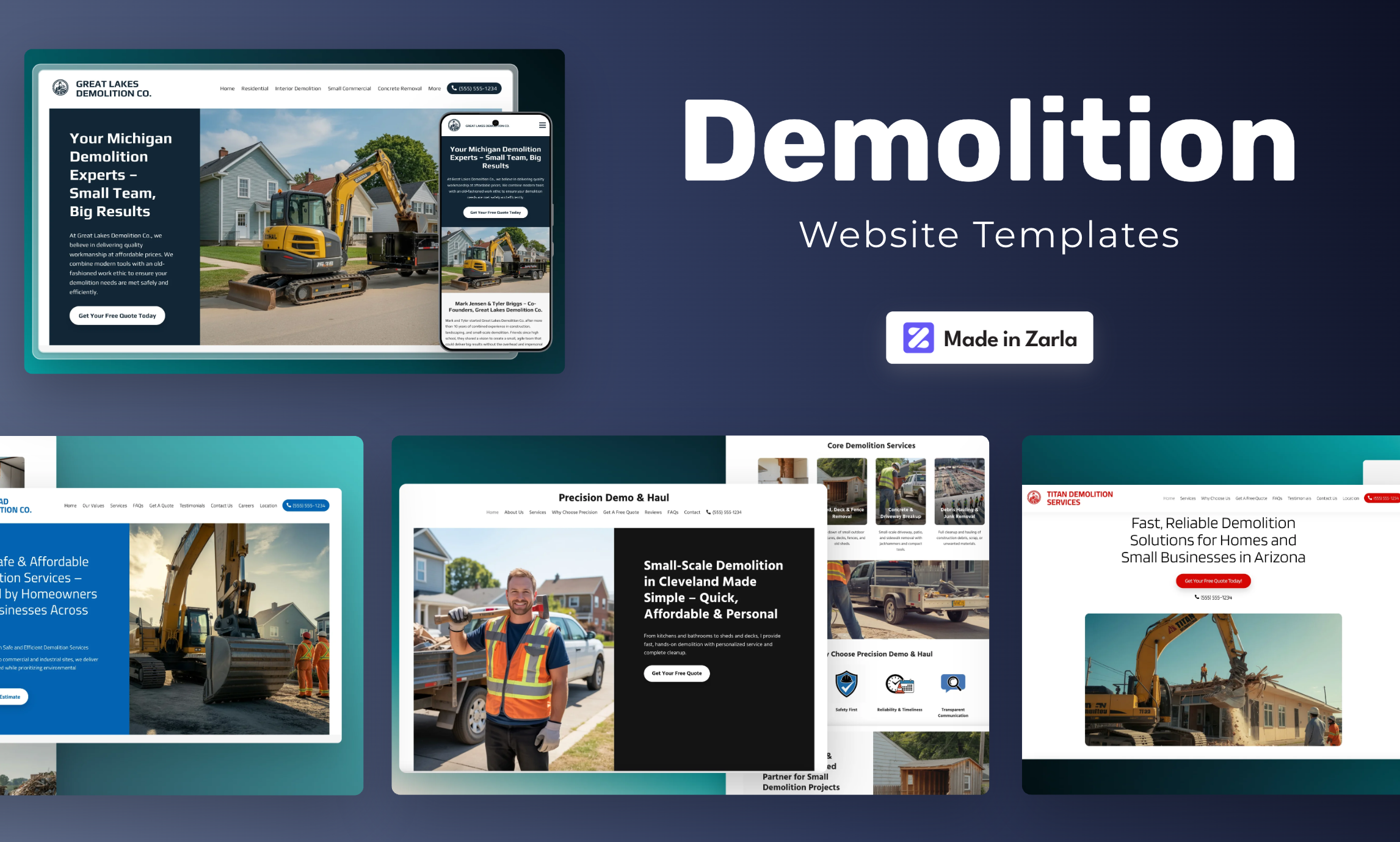 Collection of demolition website templates created with Zarla