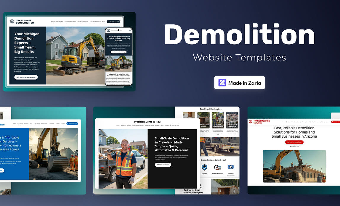 Collection of demolition website templates created with Zarla