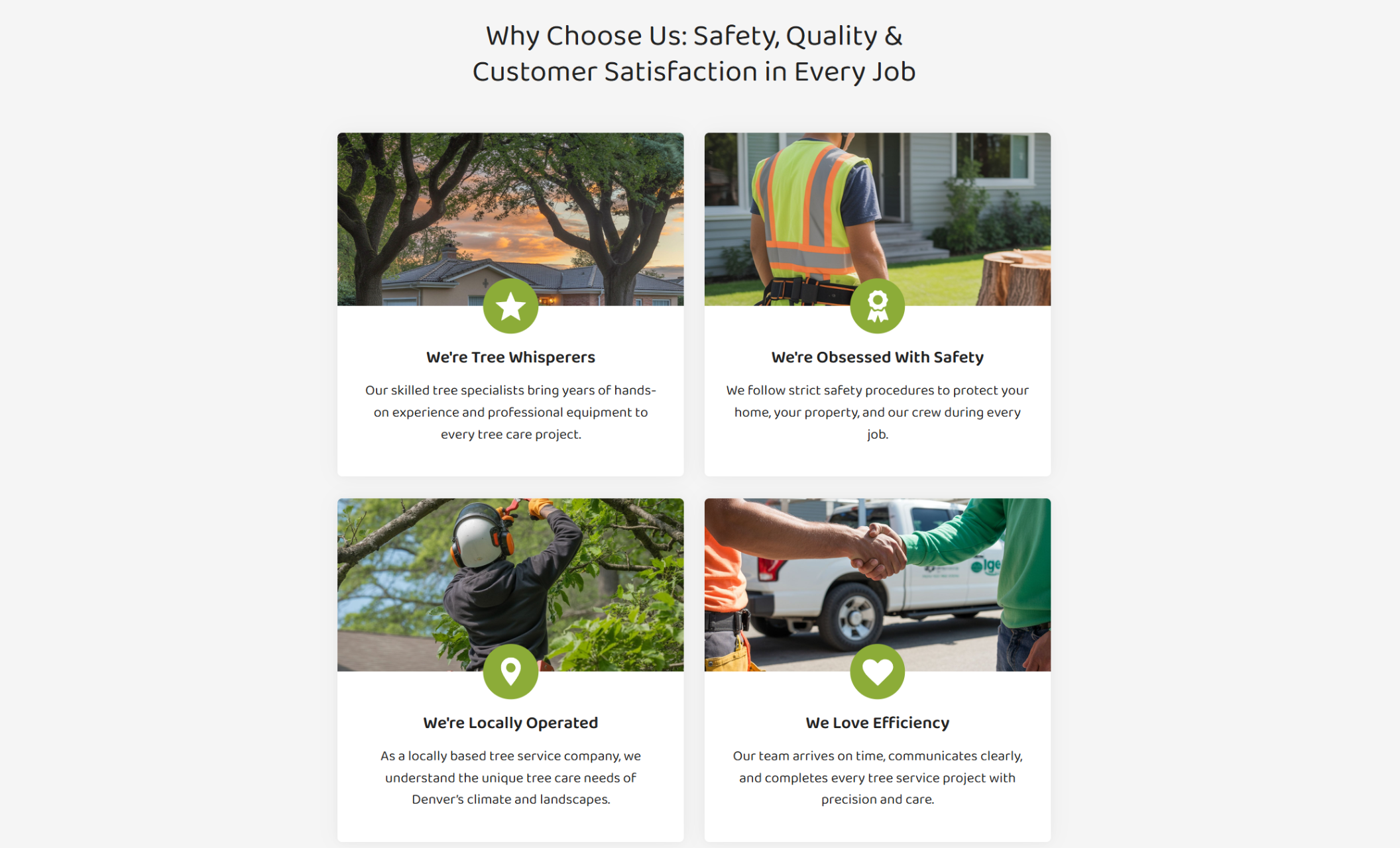 Denver Tree Keepers website section titled “Why Choose Us: Safety, Quality & Customer Satisfaction in Every Job,” featuring four cards highlighting experienced arborists, strict safety practices, local expertise, and efficient service with photos of tree trimming and a handshake with a client