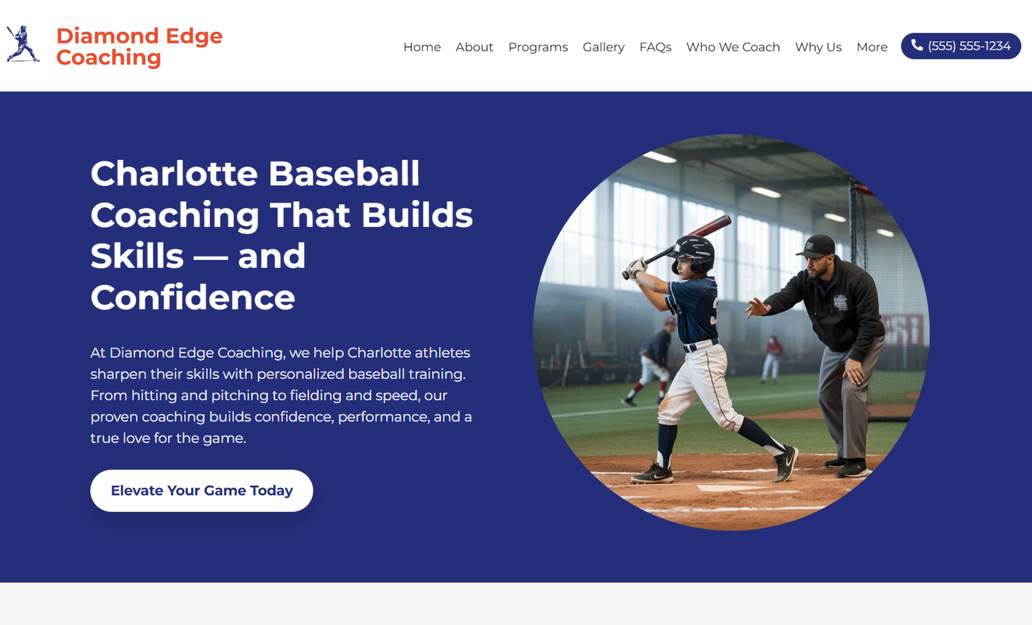 Diamond Edge Coaching homepage showing a young batter practicing indoors with a coach giving guidance beside the headline “Charlotte Baseball Coaching That Builds Skills — and Confidence” and a white button that says “Elevate Your Game Today.”