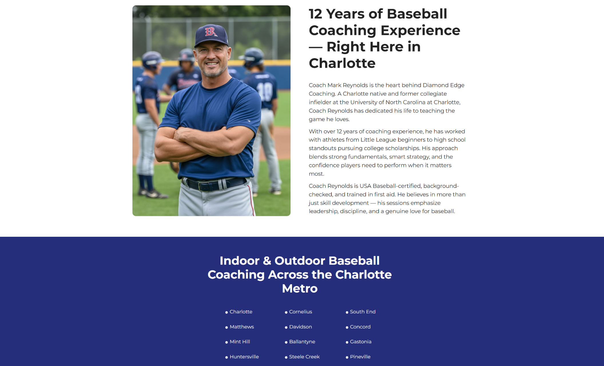 Diamond Edge Coaching “About” section featuring Coach Mark Reynolds smiling on the field with players in the background beside the headline “12 Years of Baseball Coaching Experience — Right Here in Charlotte” and a section listing metro areas served