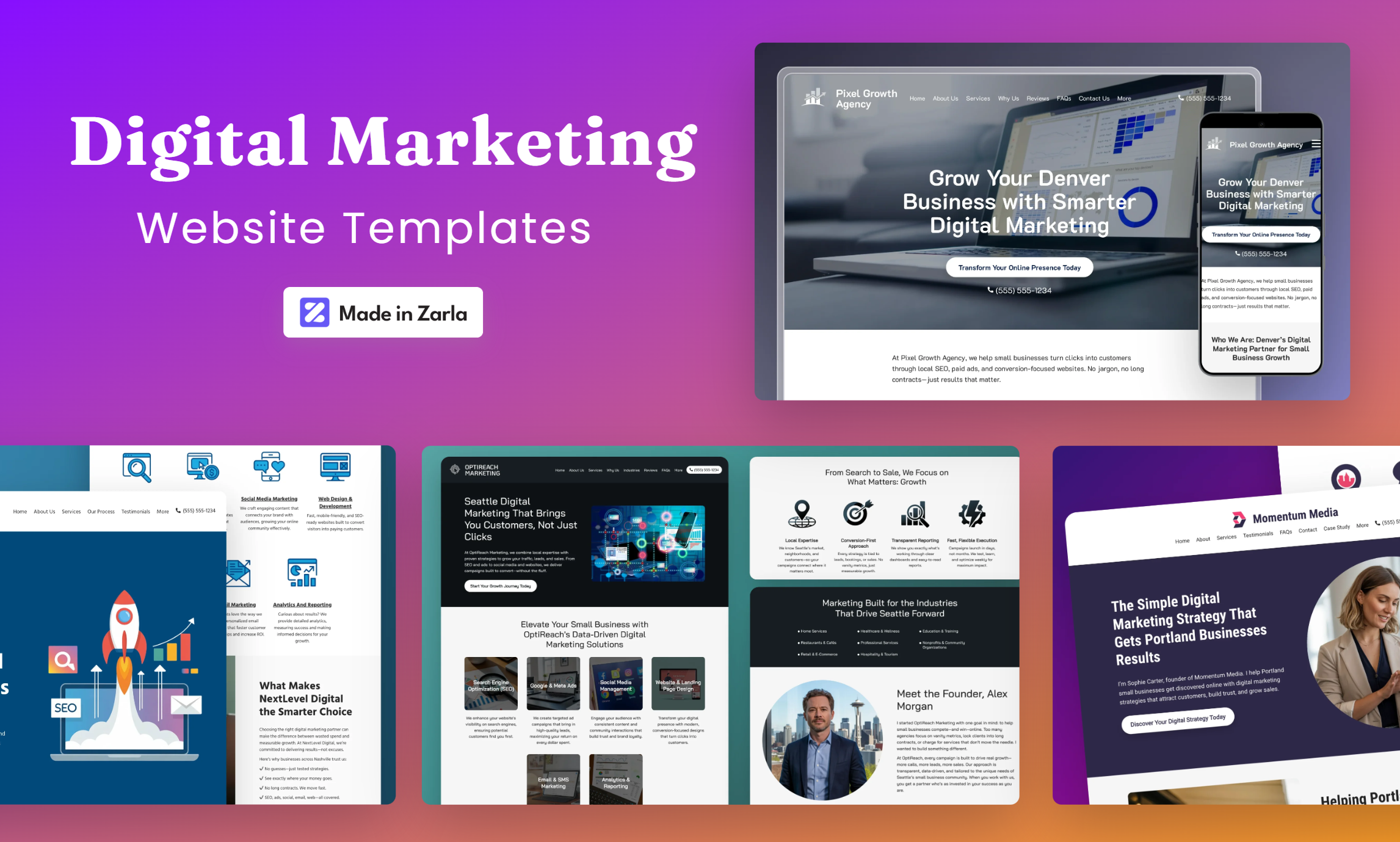 Collection of digital marketing website templates created with Zarla