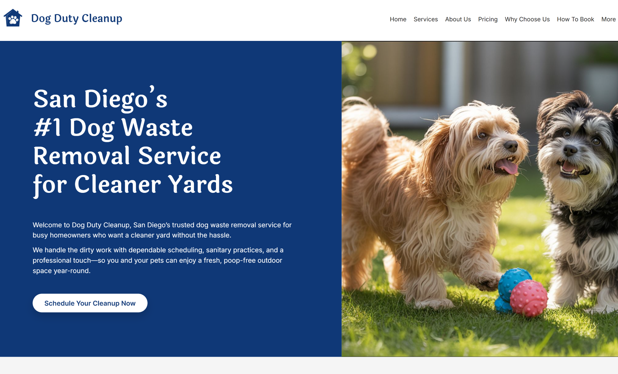 Dog Duty Cleanup homepage featuring two small dogs playing on green grass beside the headline “San Diego’s #1 Dog Waste Removal Service for Cleaner Yards” and a white “Schedule Your Cleanup Now” button on a dark blue background