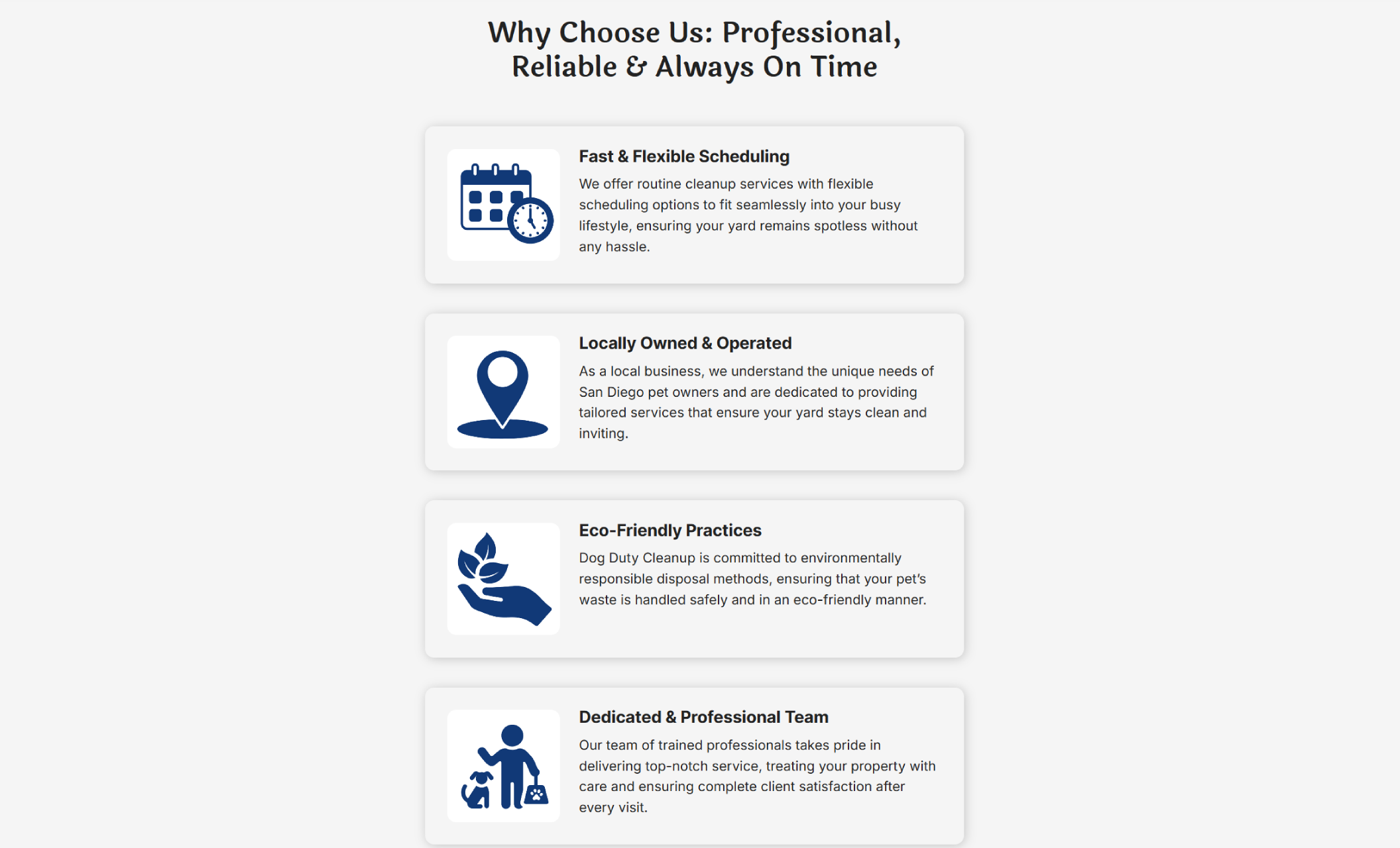 Dog Duty Cleanup “Why Choose Us” section highlighting fast scheduling, eco-friendly practices, and a professional team, displayed in stacked icon cards under the headline “Professional, Reliable & Always On Time.”