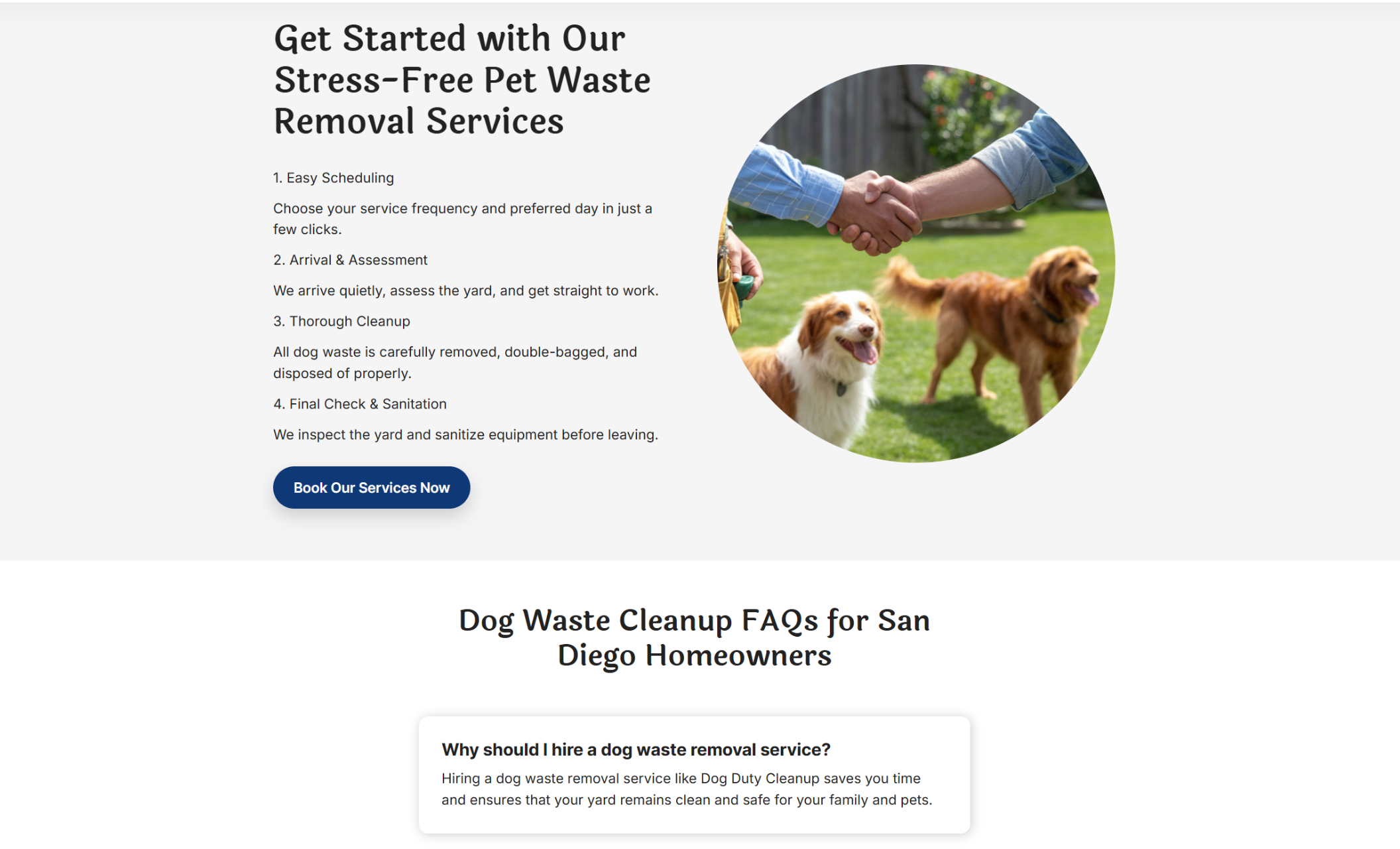 Dog Duty Cleanup process section titled “Get Started with Our Stress-Free Pet Waste Removal Services,” outlining four steps from easy scheduling to final sanitation alongside an image of a friendly handshake in a backyard with dogs