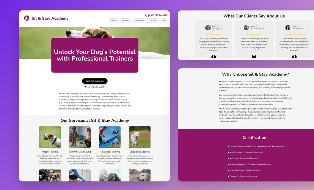 Sit & Stay Academy Dog Training Website Template