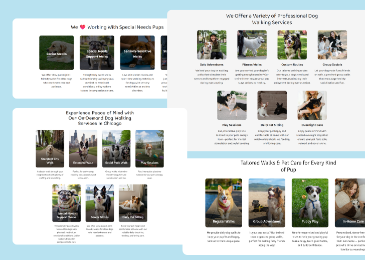 A collage of services section generated by Zarla showing different styles of service items, all having a picture, a title, and a brief description