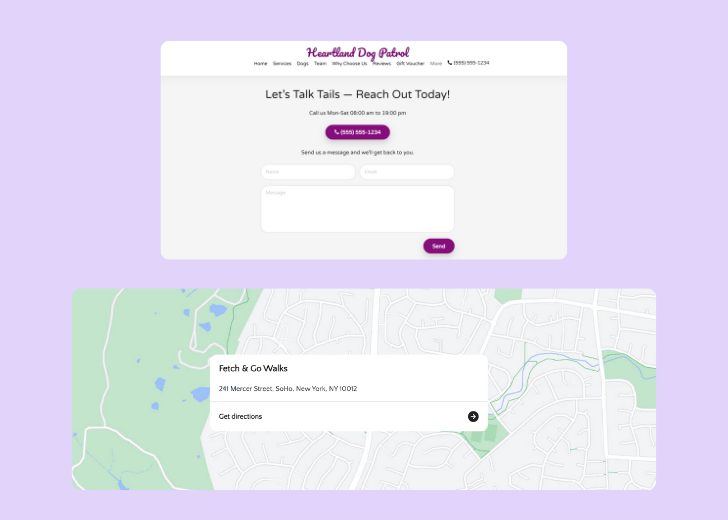 A screenshot of a header with navigation pills with contact number, a blue-colored primary button with contact number, and a 2D depiction of a map with a business address in the center