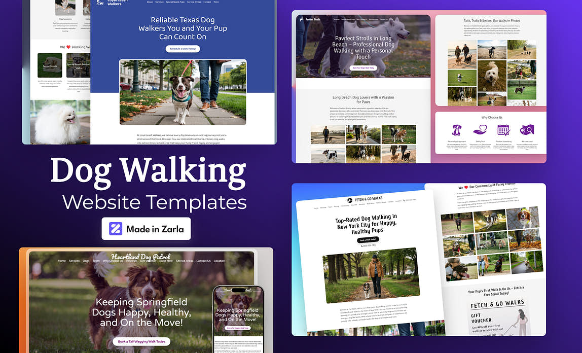 Collection of dog walking website templates created with Zarla