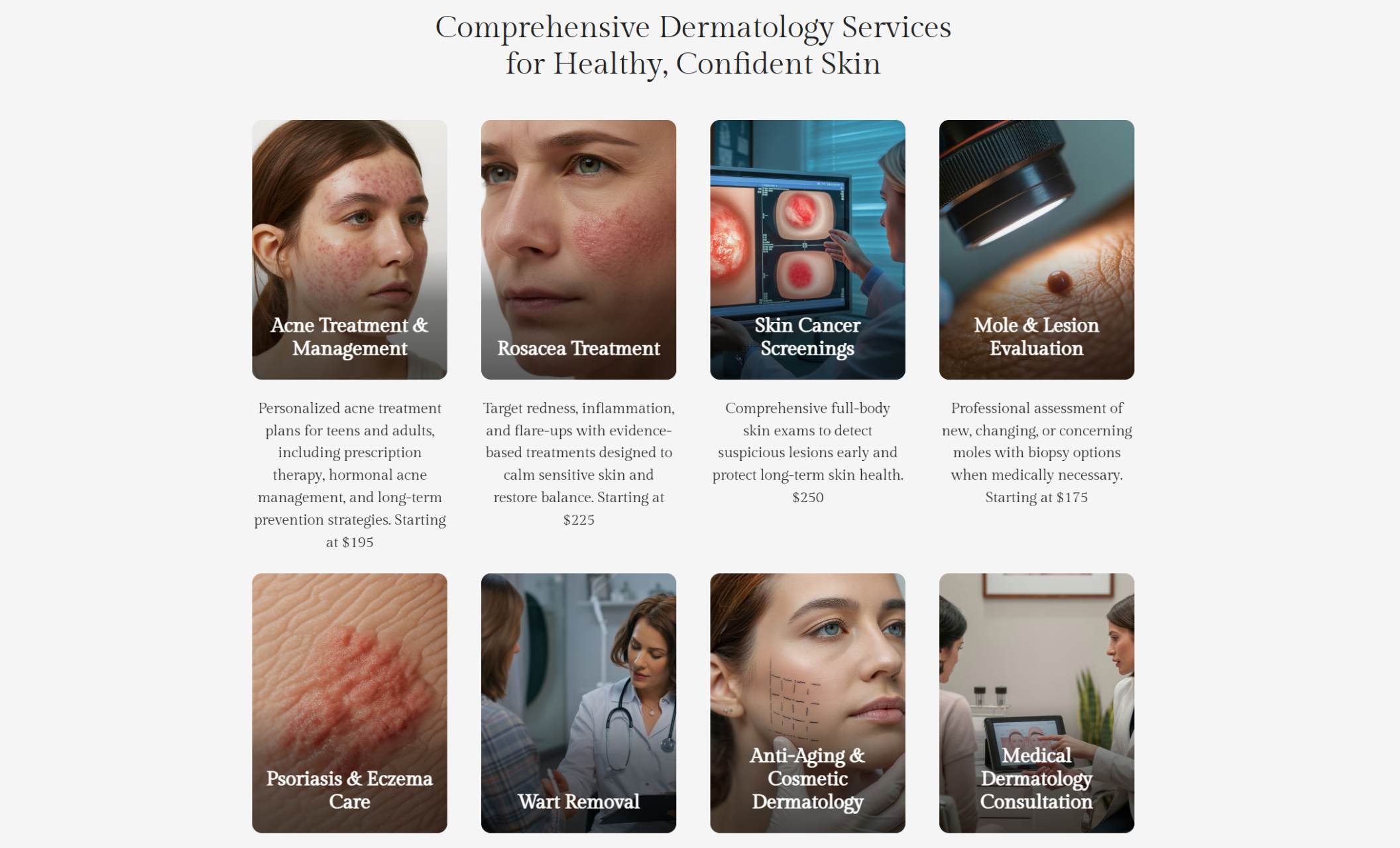 Dr. Brooks Dermatology & Skin Health services section titled “Comprehensive Dermatology Services for Healthy, Confident Skin,” displaying cards for acne treatment, rosacea care, skin cancer screenings, mole evaluations, psoriasis care, wart removal, cosmetic dermatology, and medical consultations