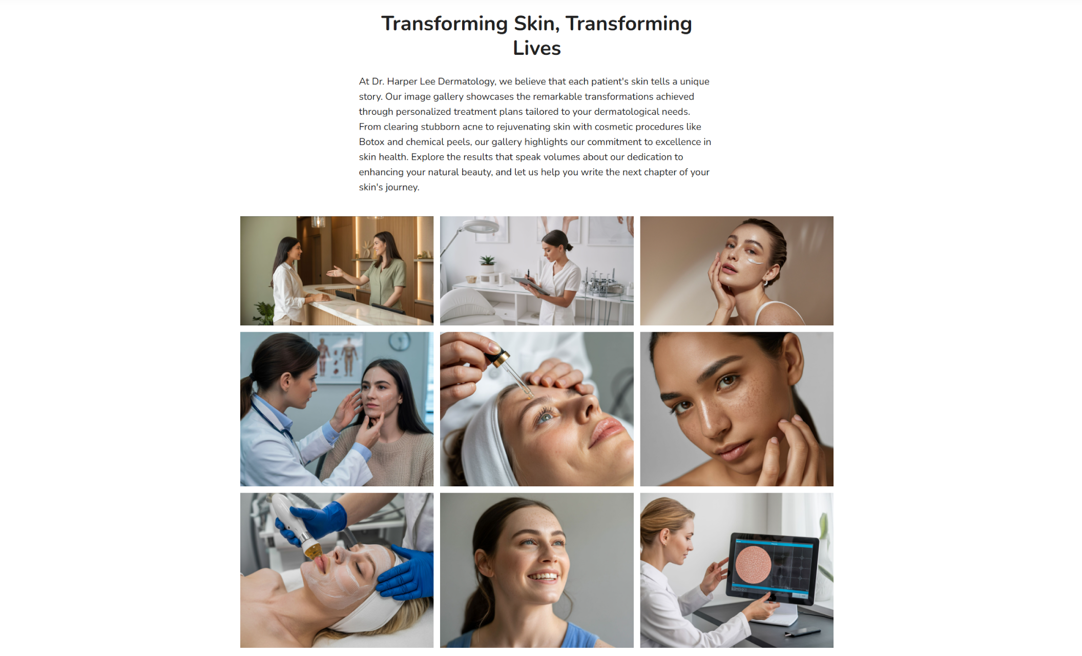 Dr. Harper Lee Dermatology gallery section titled “Transforming Skin, Transforming Lives,” featuring a grid of nine images showing patient consultations, skincare treatments, cosmetic procedures, and before-and-after results beneath an introductory paragraph about personalized dermatology care