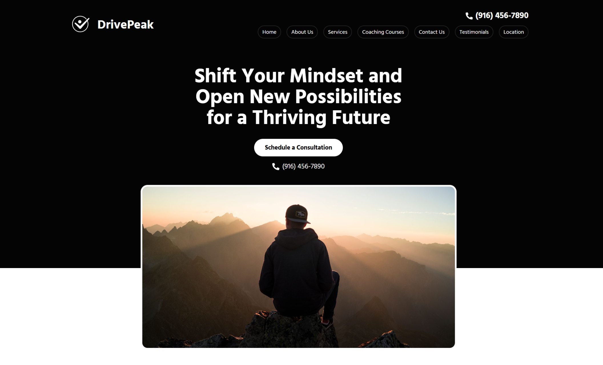 DrivePeak landing page featuring a bold black background, motivational message, call-to-action button, and image of a person sitting on a mountain peak at sunrise