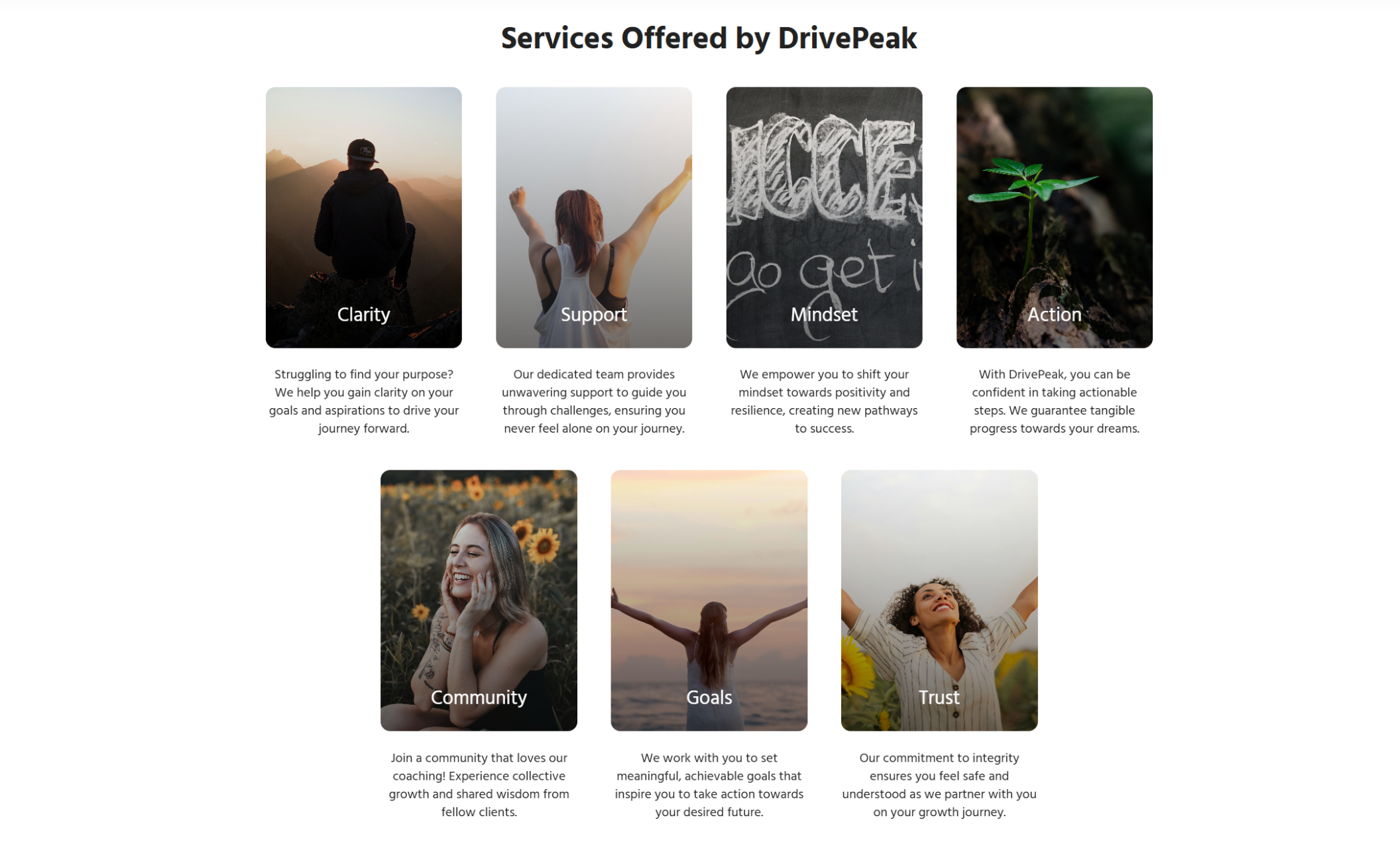 DrivePeak services section displaying six of its service categories, each with a concise description and accompanying image