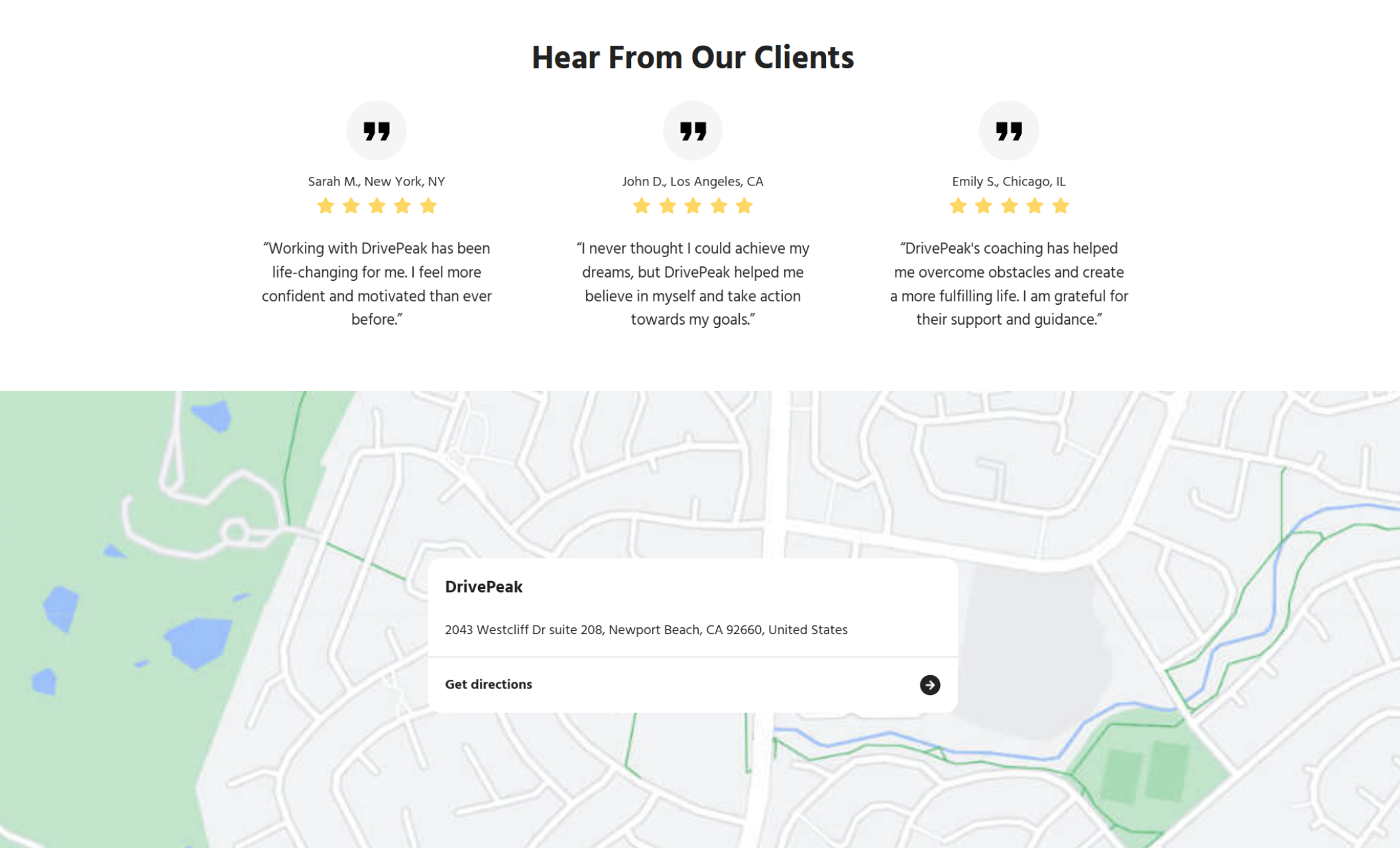 Three 5-star reviews of DrivePeak's services followed by a Google Map with a "Get directions" button