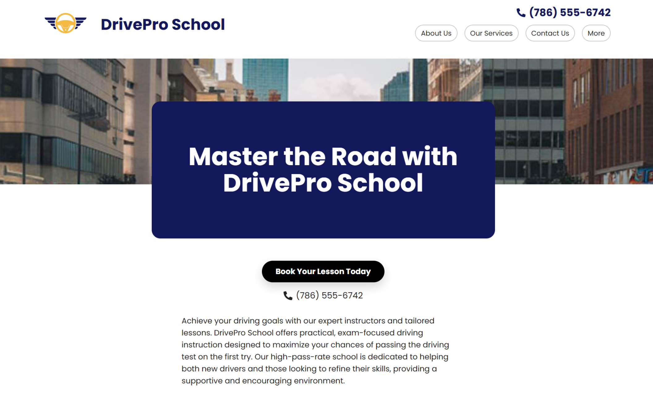 DrivePro School homepage showcases a bold headline in a navy banner, encouraging users to book a lesson right away