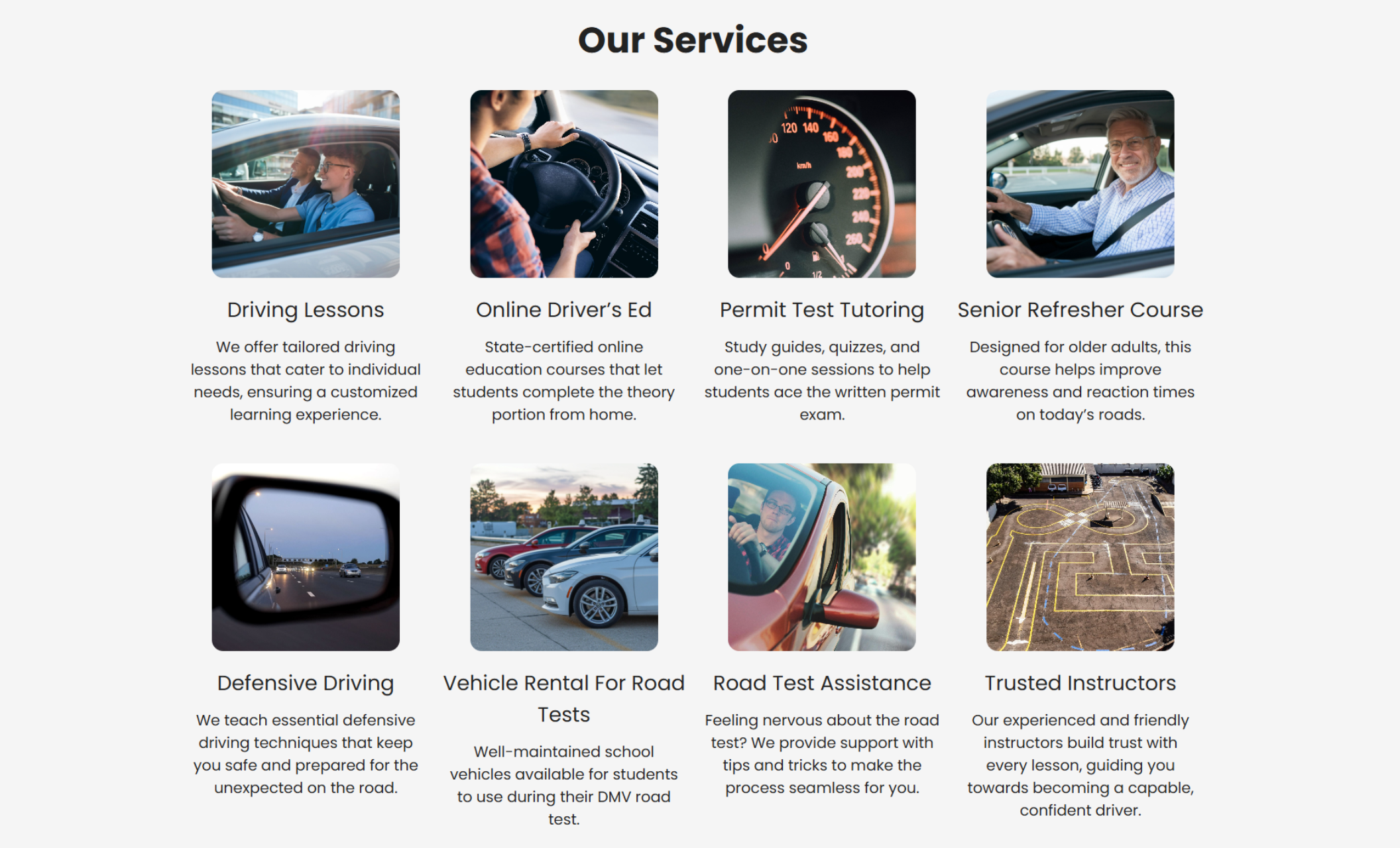 DrivePro School services section uses icons and photos to highlight offerings like tutoring, defensive driving, and vehicle rental