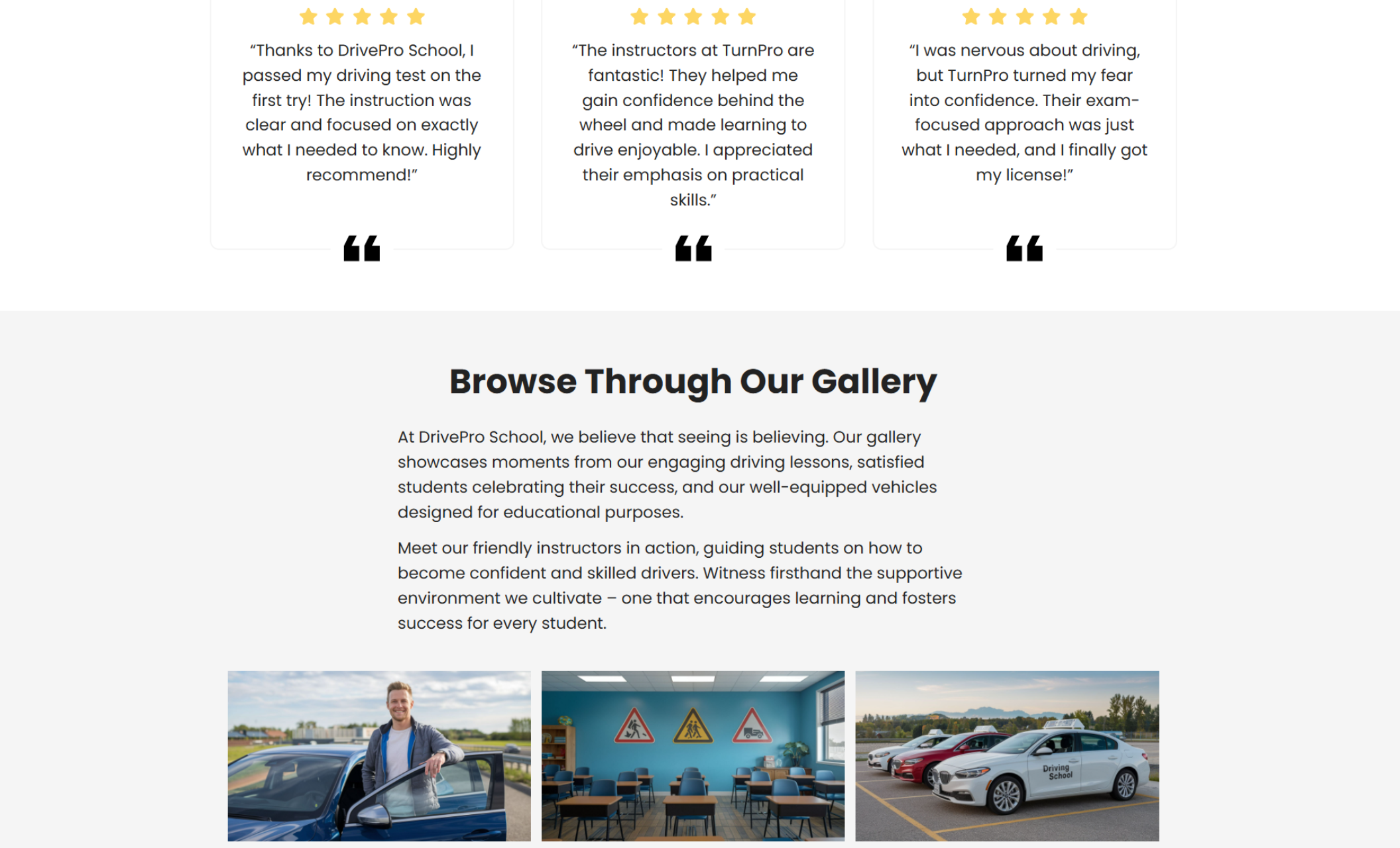 DrivePro School gallery section displays photos of instructors, classrooms, and cars alongside text about the school’s teaching approach