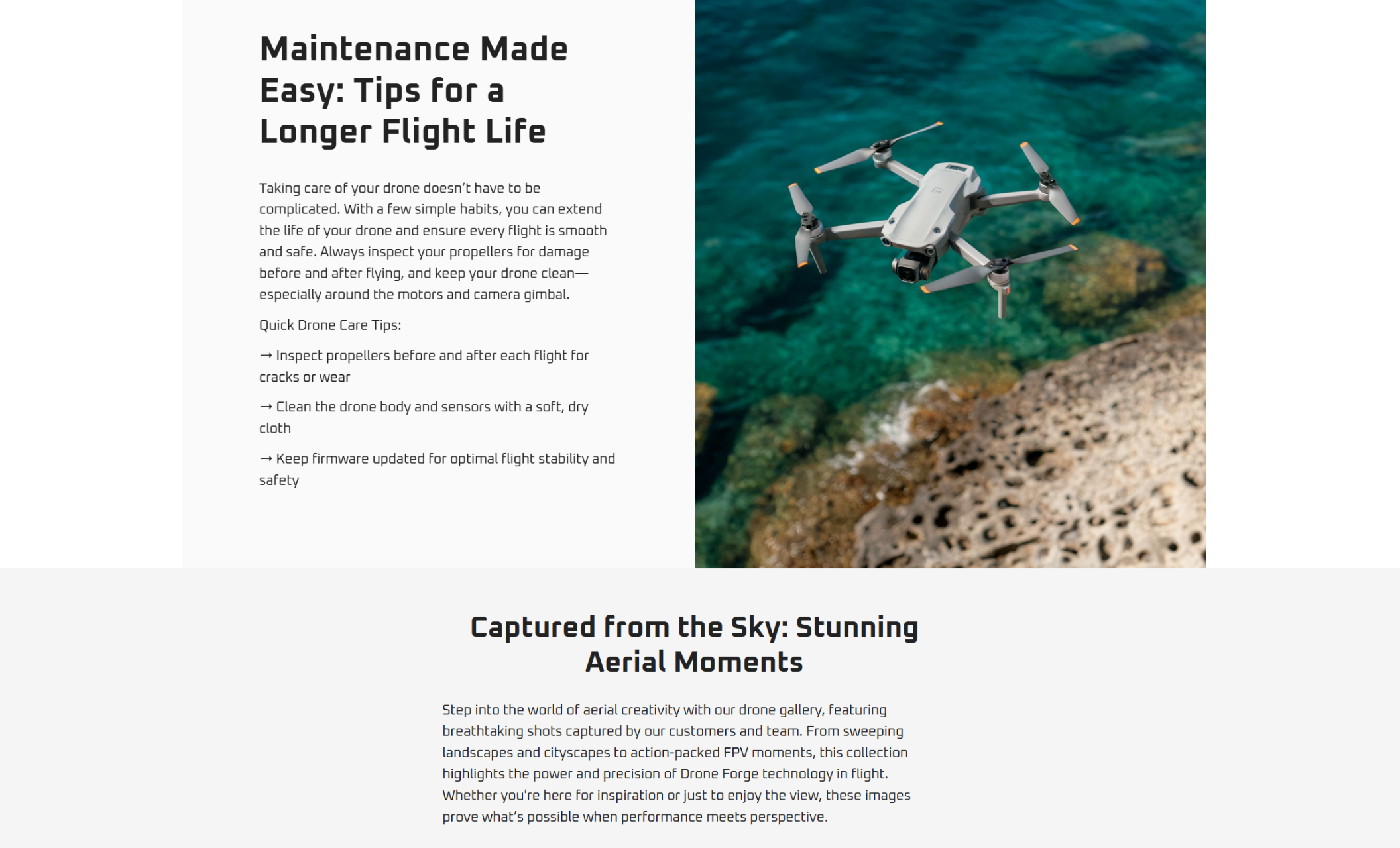 Drone maintenance tips section showing a drone in mid-flight above bright turquoise water and rocky shoreline, next to advice on how to care for propellers, keep firmware updated, and ensure safe flights