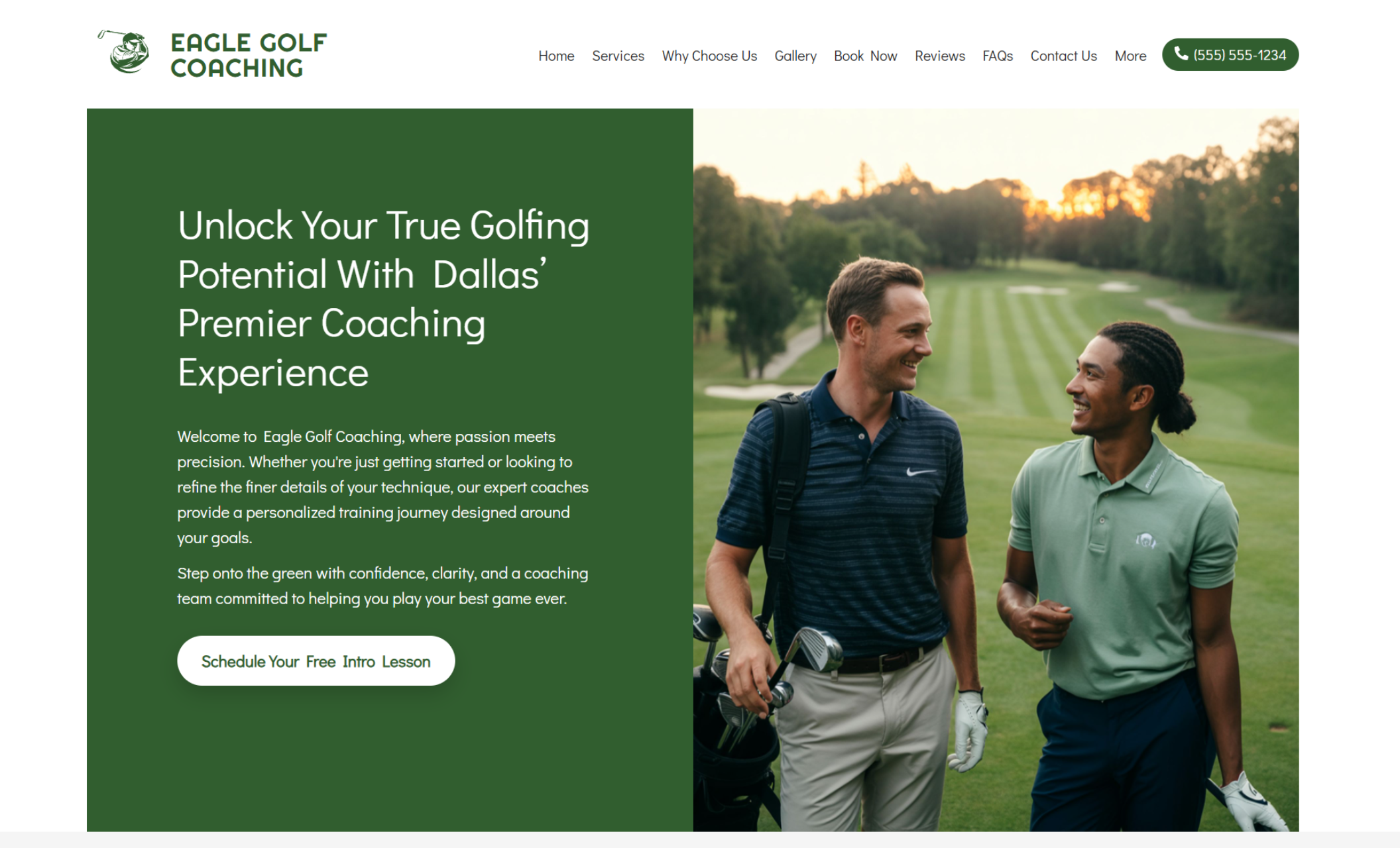 Eagle Golf Coaching homepage hero featuring two smiling golfers walking together on a sunlit course beside the headline ‘Unlock Your True Golfing Potential With Dallas’ Premier Coaching Experience’ and a button labeled ‘Schedule Your Free Intro Lesson.’