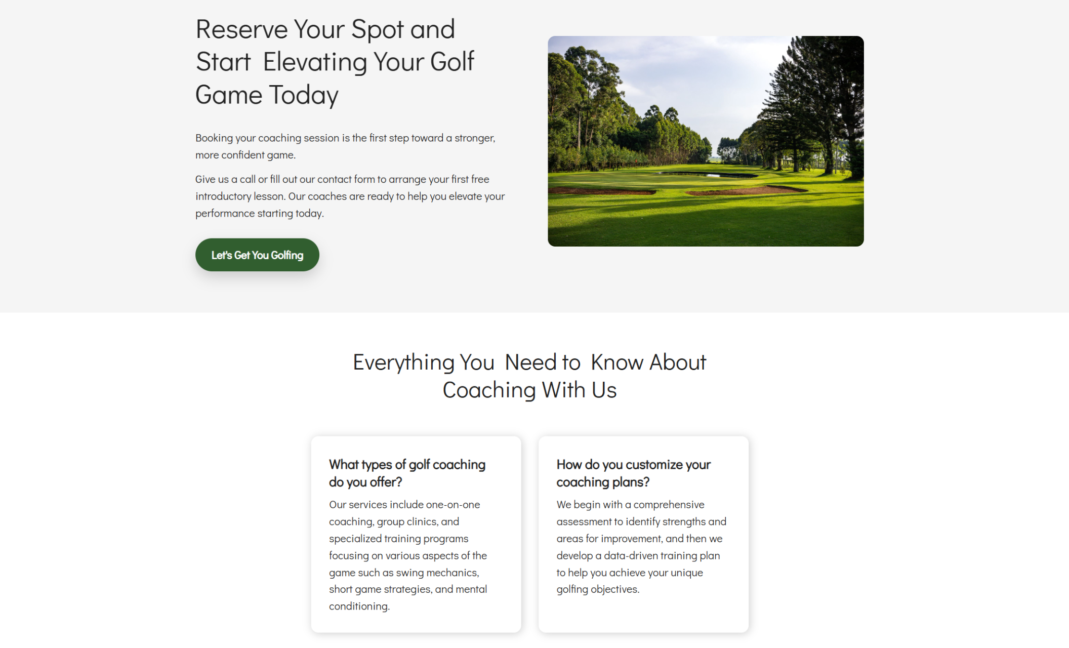 Eagle Golf Coaching booking section showing a scenic photo of a lush golf course beside the headline ‘Reserve Your Spot and Start Elevating Your Golf Game Today’ and a green call-to-action button