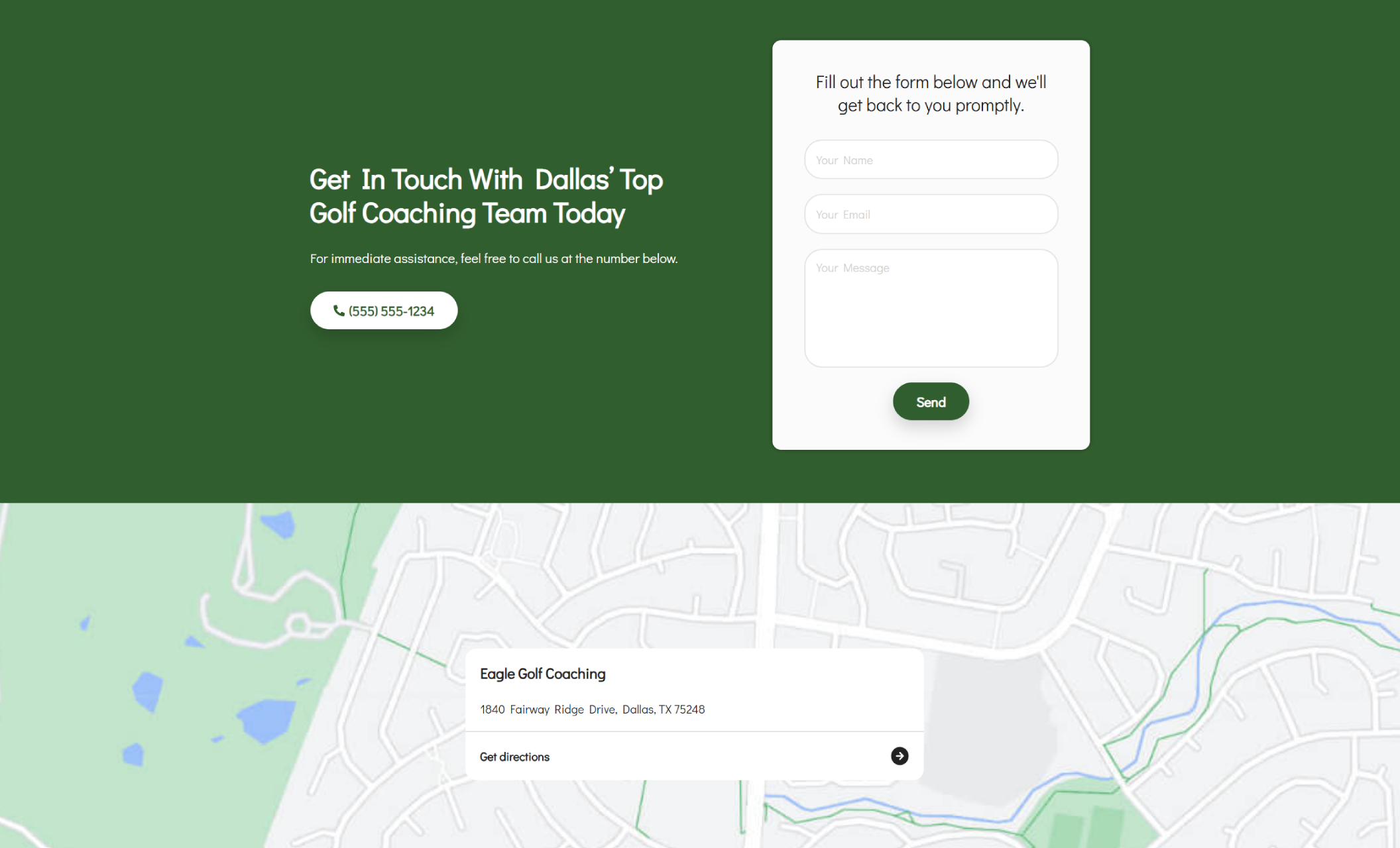Eagle Golf Coaching contact section featuring a dark green background with a phone callout and message form above a map labeled ‘Eagle Golf Coaching’ and its Dallas address