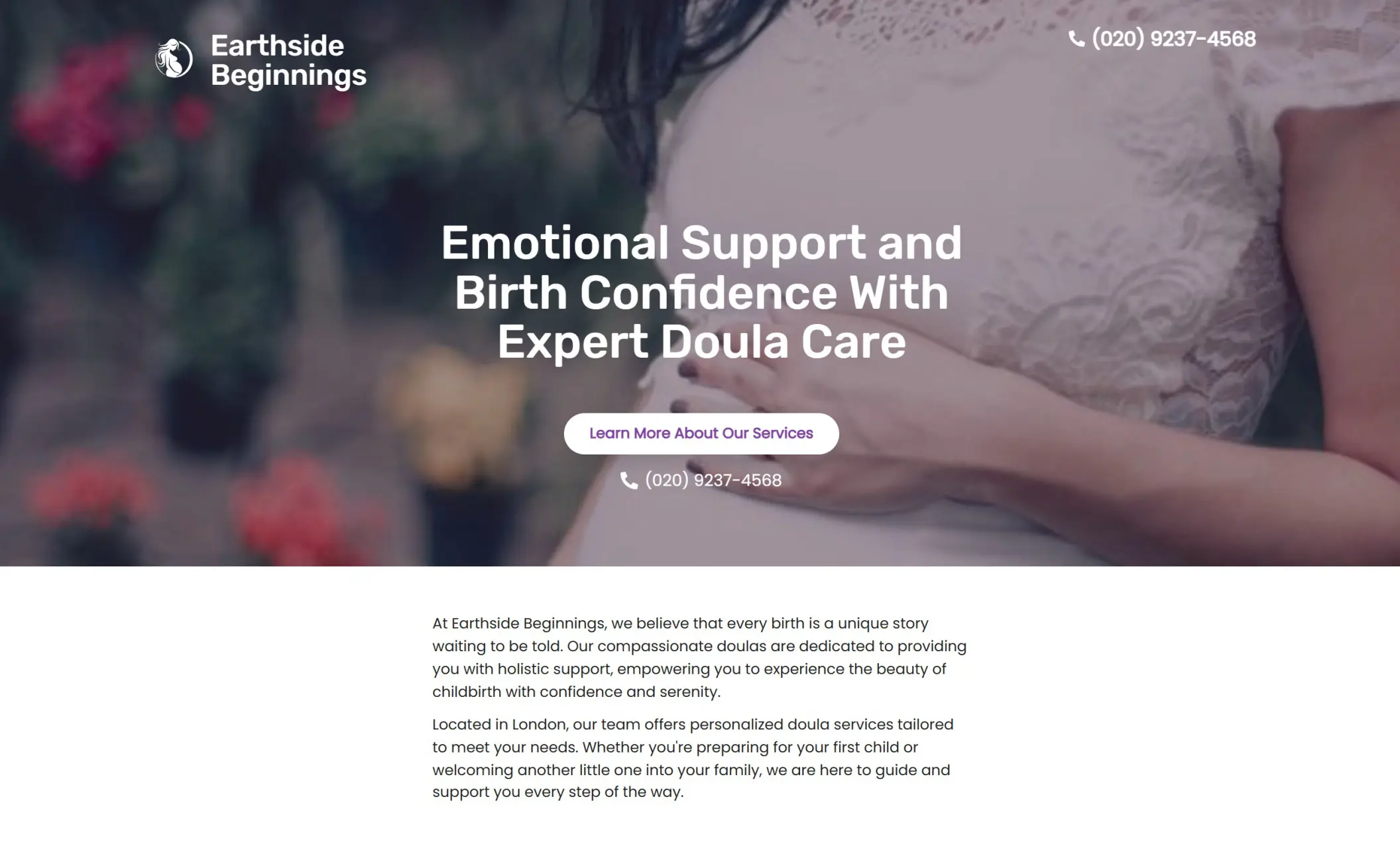 Earthside Beginnings' homepage featuring the image of a pregnant woman in the background, company branding, call-to-action button, and a brief introduction of the company