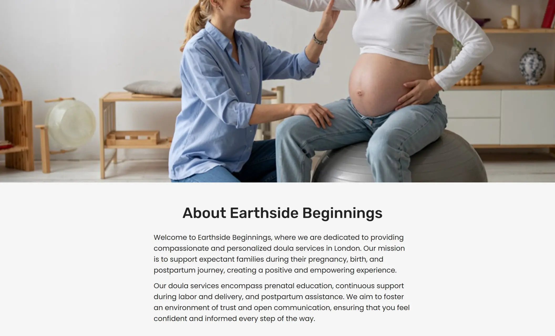 Earthside Beginnings' website displaying a "About Earthside Beginnings" section, and the image of a doula guiding a pregnant woman