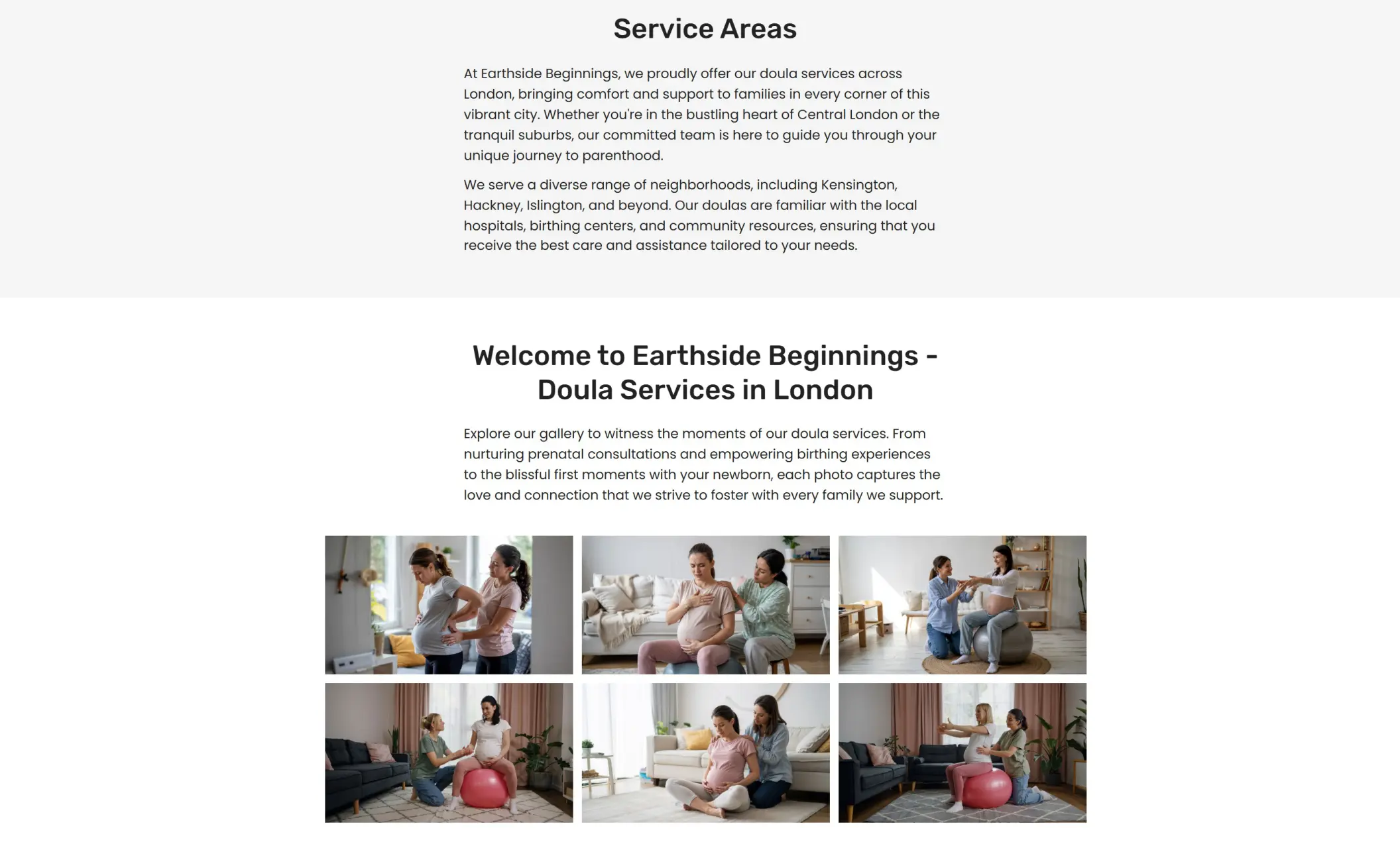 Earthside Beginnings' website displaying service areas, and an image gallery of services