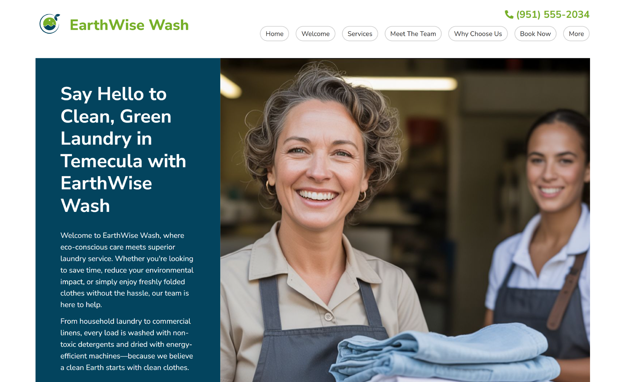 EarthWise Wash homepage featuring a smiling woman in uniform holding freshly folded jeans beside the headline “Say Hello to Clean, Green Laundry in Temecula with EarthWise Wash” and a short paragraph about their eco-friendly approach