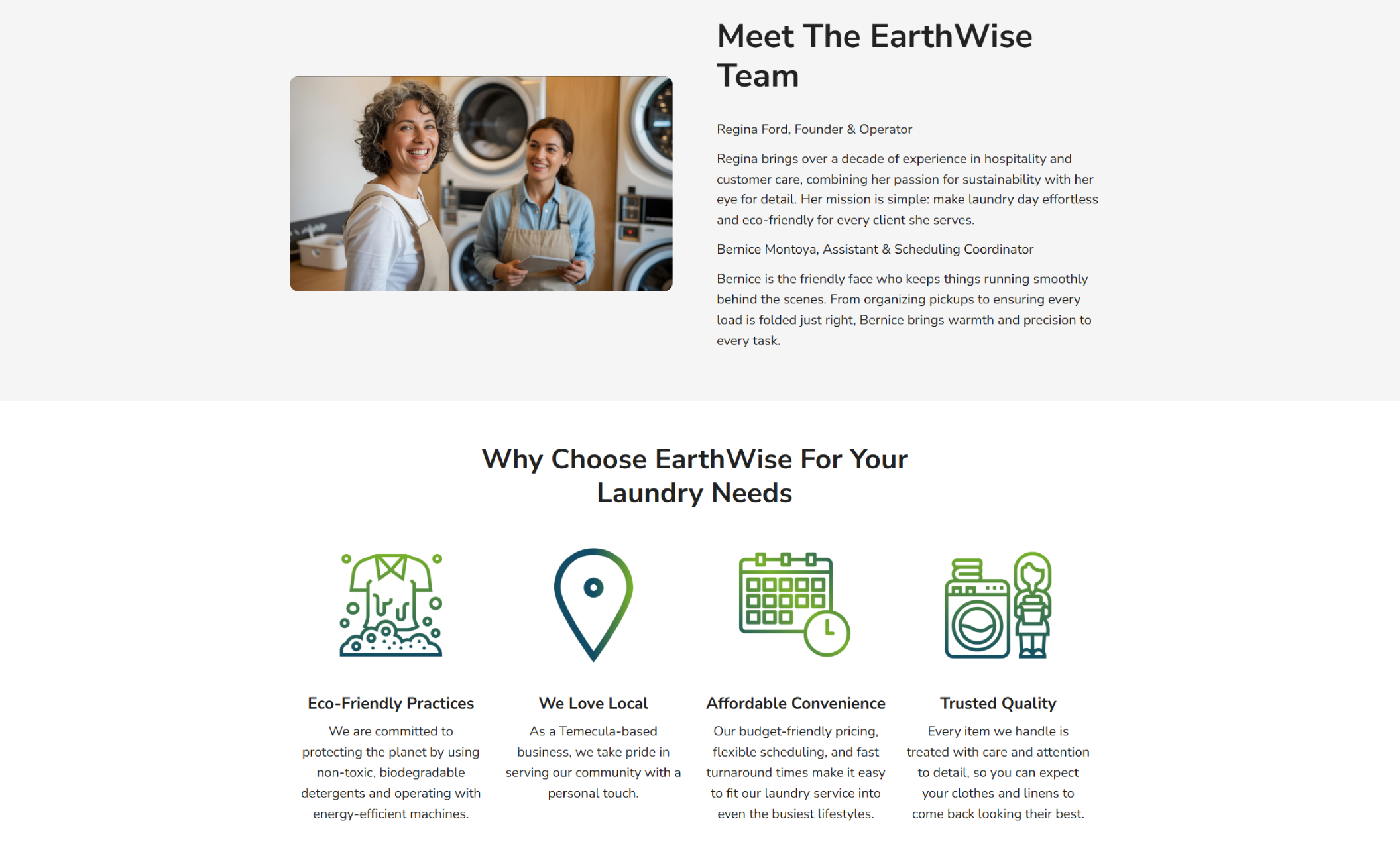 EarthWise Wash team section with a friendly photo of founder Regina and assistant Bernice in front of industrial washers, alongside bios and a row of illustrated icons explaining their eco practices, local pride, convenience, and trusted quality
