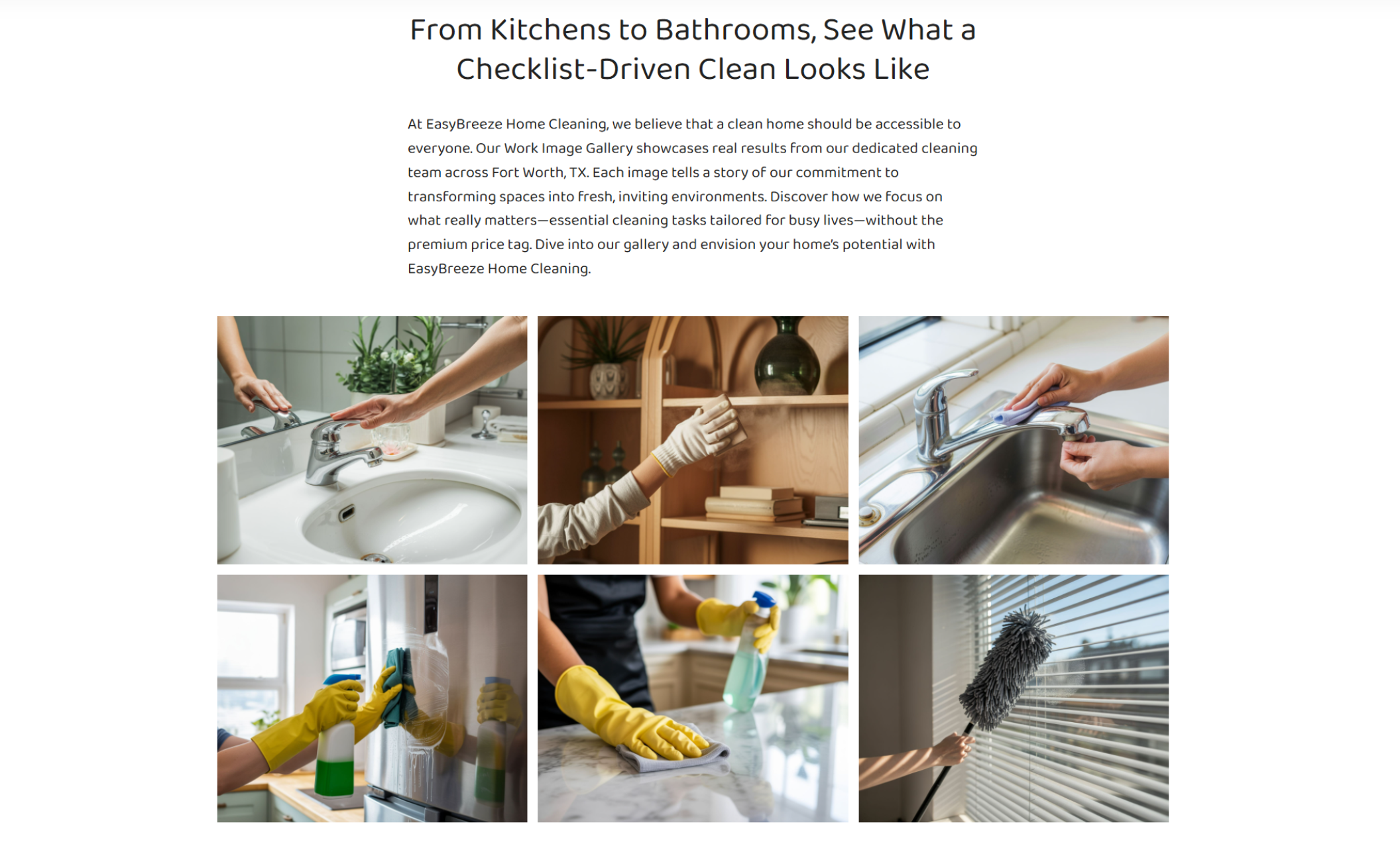 EasyBreeze Home Cleaning gallery section titled “From Kitchens to Bathrooms, See What a Checklist-Driven Clean Looks Like,” displaying six images of sinks, countertops, cabinets, and blinds being professionally cleaned