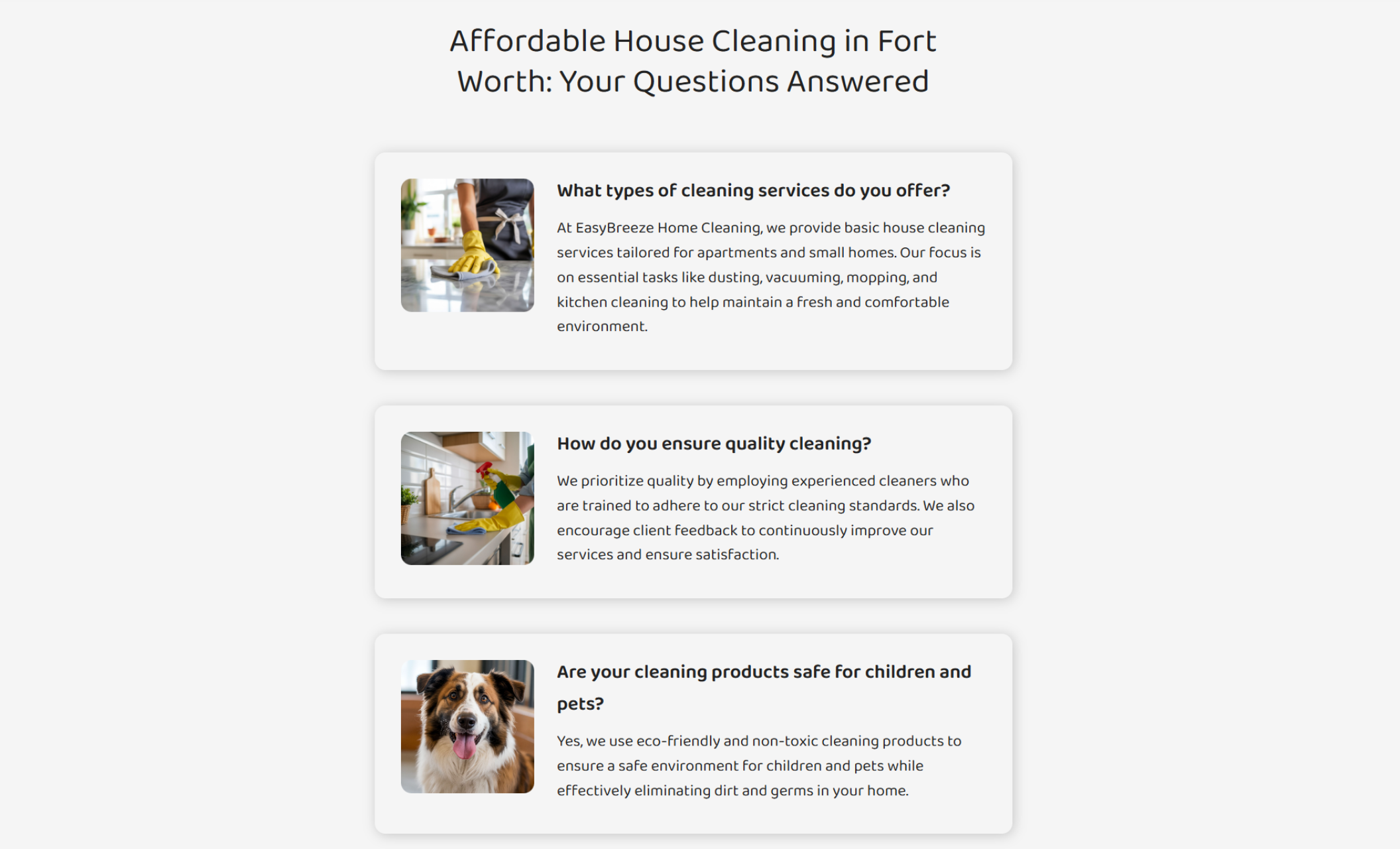 EasyBreeze Home Cleaning FAQ section titled “Affordable House Cleaning in Fort Worth: Your Questions Answered,” featuring three question cards about services offered, quality standards, and eco-friendly products