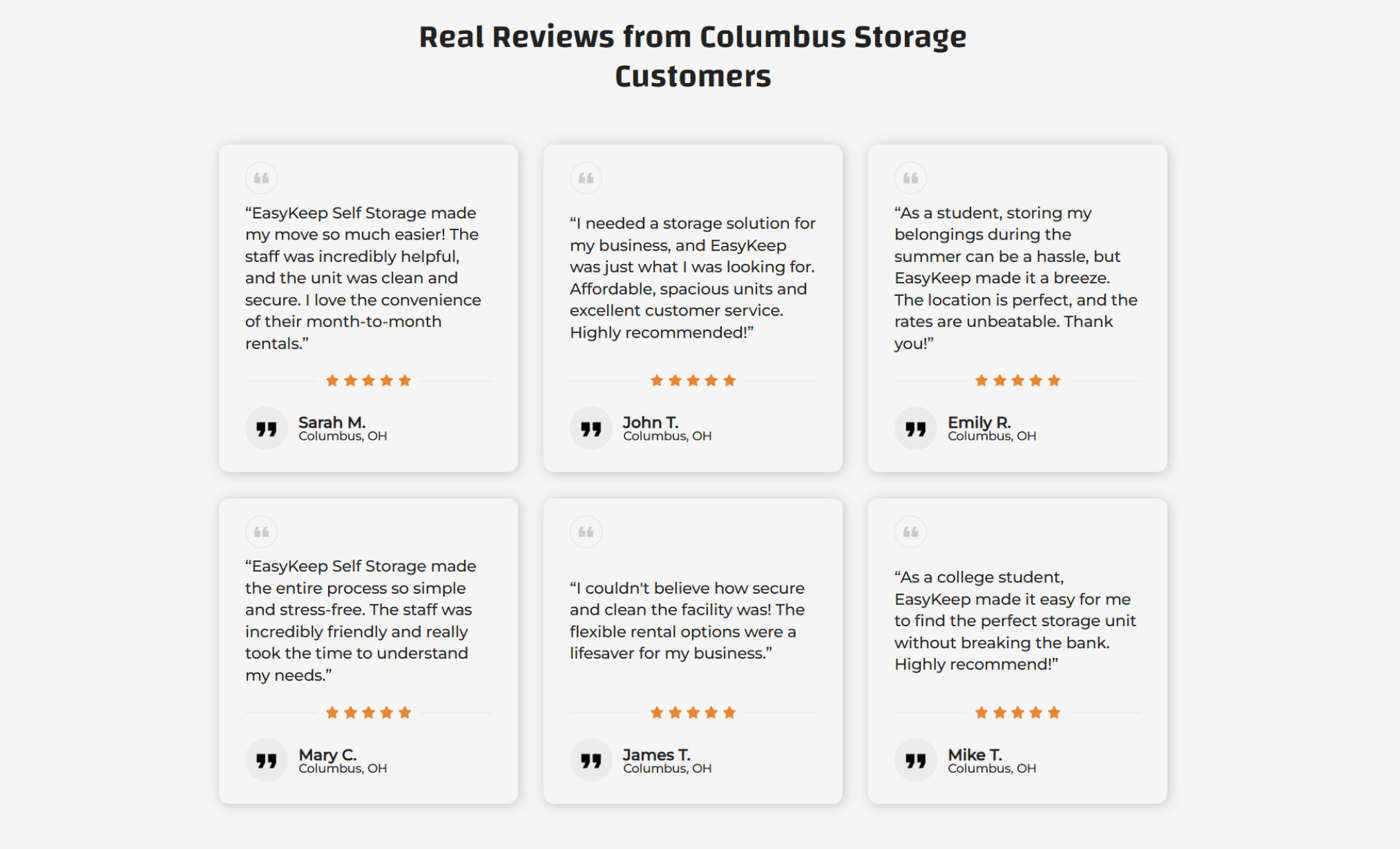 EasyKeep Self Storage reviews section titled “Real Reviews from Columbus Storage Customers” displaying six five-star testimonials from local customers with names and Columbus, OH locations