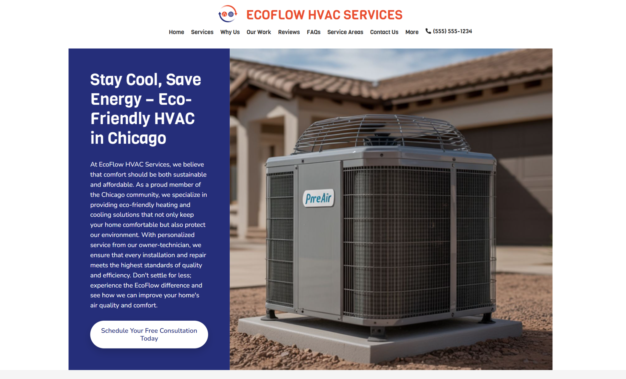 EcoFlow HVAC Services homepage with the headline “Stay Cool, Save Energy – Eco-Friendly HVAC in Chicago” beside a large photo of a PreAir outdoor AC unit and a call-to-action button reading “Schedule Your Free Consultation Today.”