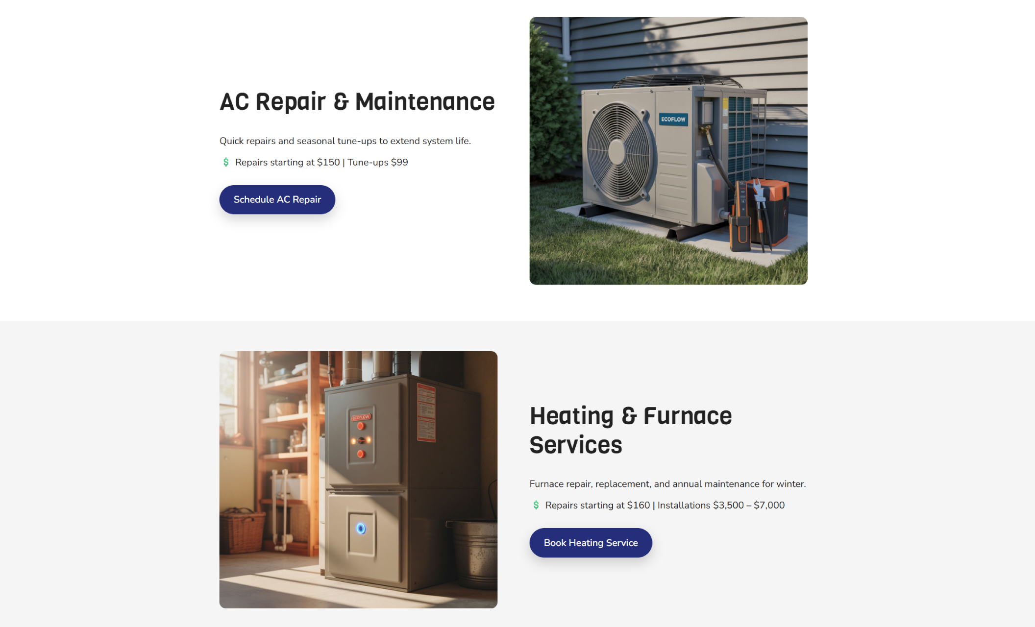 EcoFlow HVAC Services section highlighting “AC Repair & Maintenance” with a photo of an outdoor unit and “Heating & Furnace Services” with a furnace image, including service prices and booking buttons