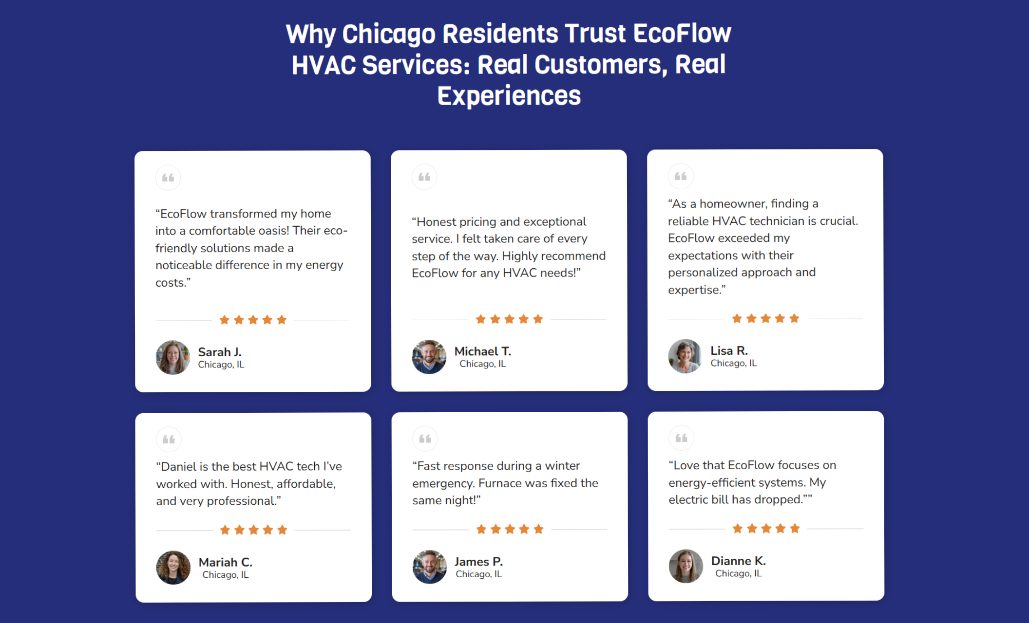 EcoFlow HVAC Services testimonial section with a dark blue background and six customer review cards featuring names, star ratings, and quotes praising eco-friendly service and fast repairs