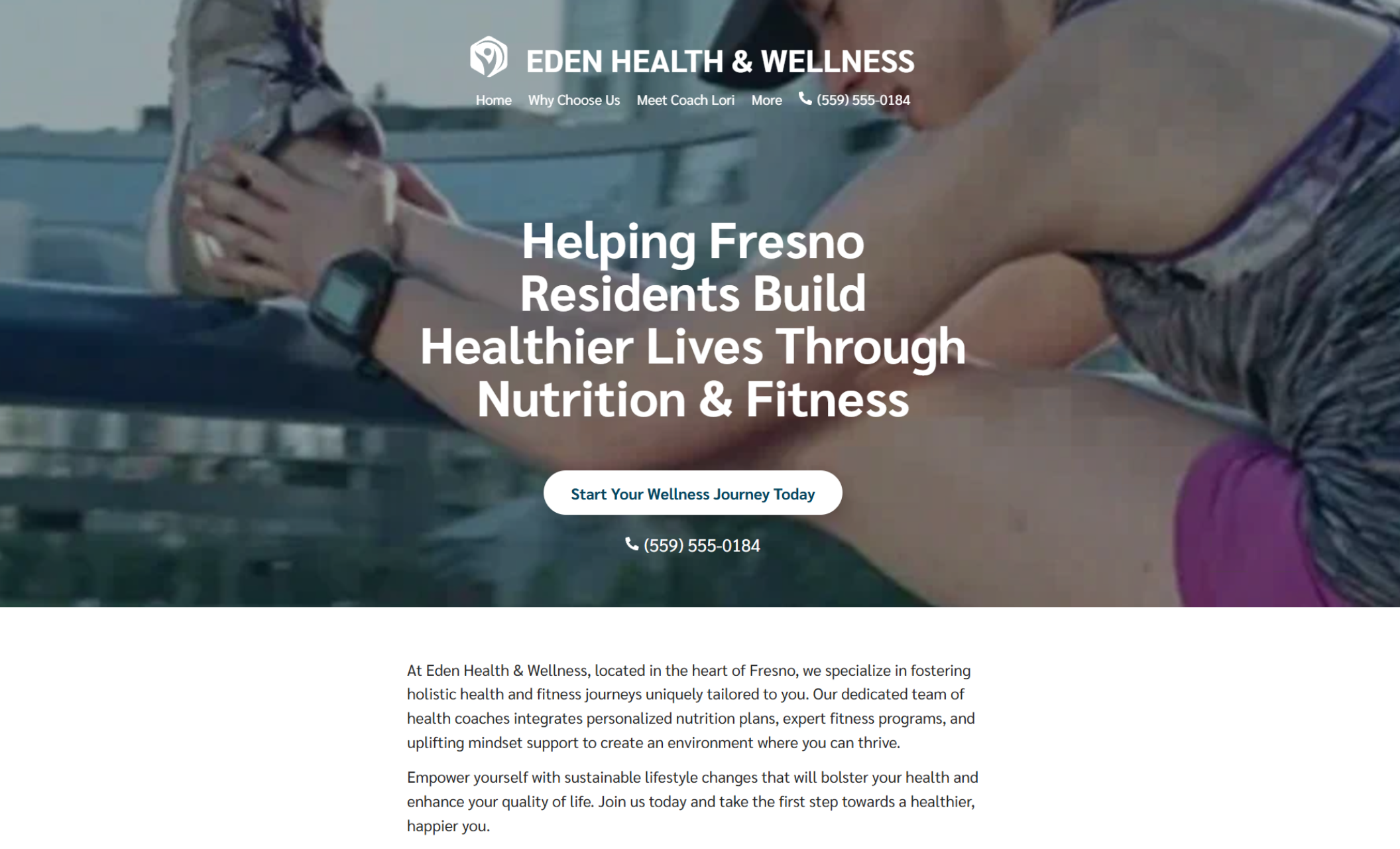 Eden Health & Wellness homepage featuring a smiling man and woman in workout attire standing in a bright kitchen beside the headline “Don’t Wait for Perfect — Begin Now with Eden Health's Custom Nutrition & Wellness Plans” and a green button that says “Book an Appointment with Eden Health.”